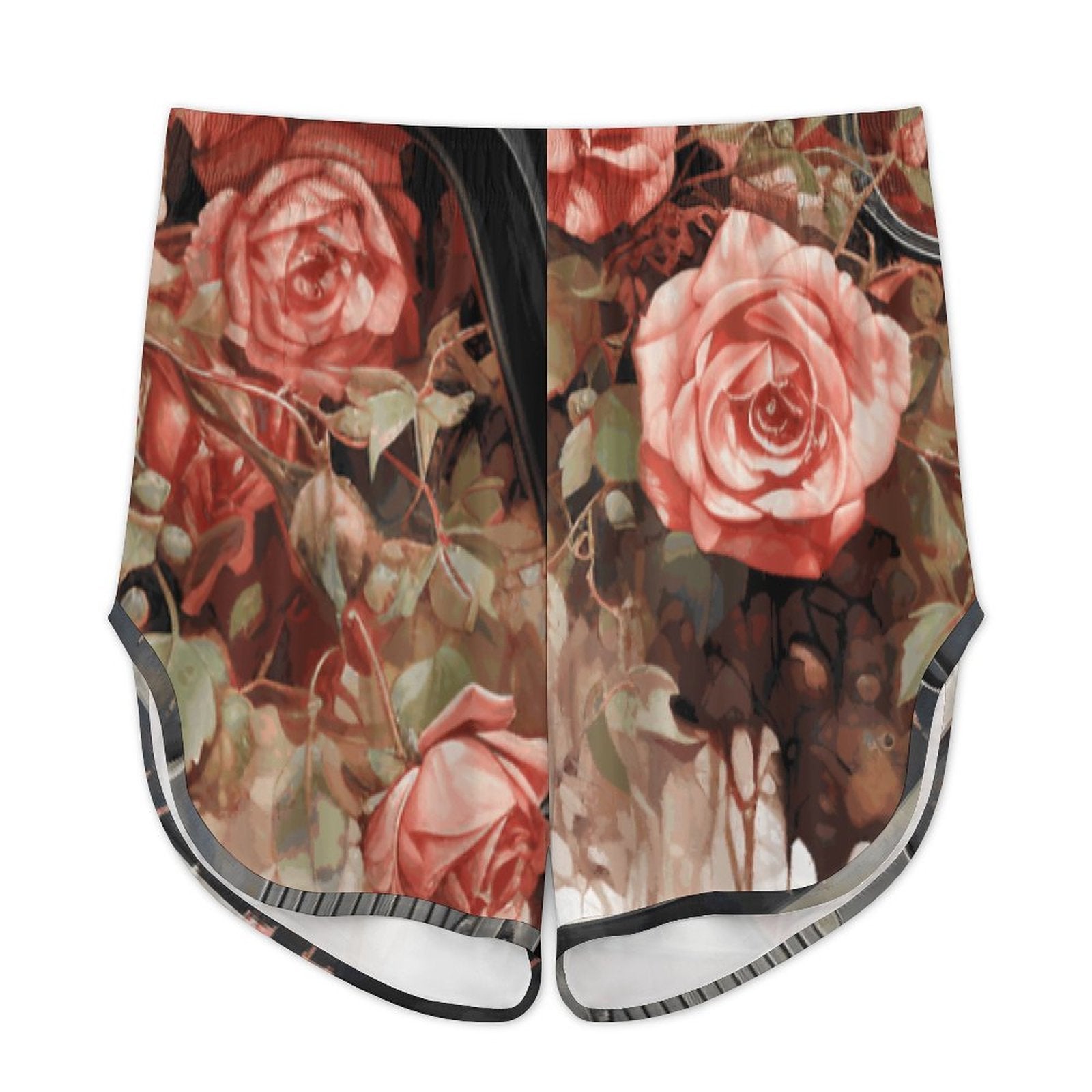 Flat lay view of the relaxed-fit lounge shorts from the Trigger Warning pajama set, featuring an all-over vintage dark romance pattern of large blooming pink roses and green leaves with a black trim.