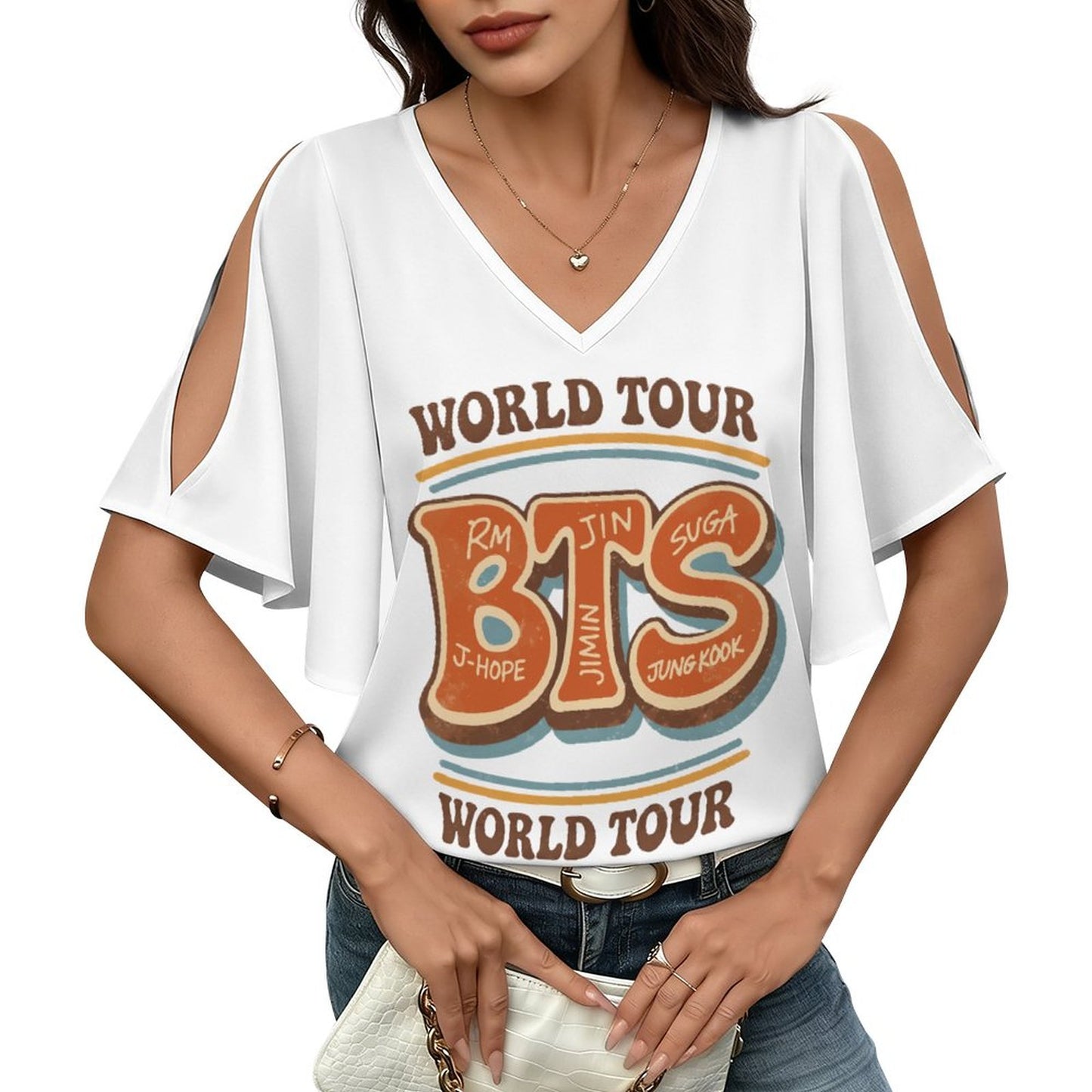 Front view of a model wearing the BTS ARMY World Tour Hooligan cold shoulder ruffled top with denim shorts.
