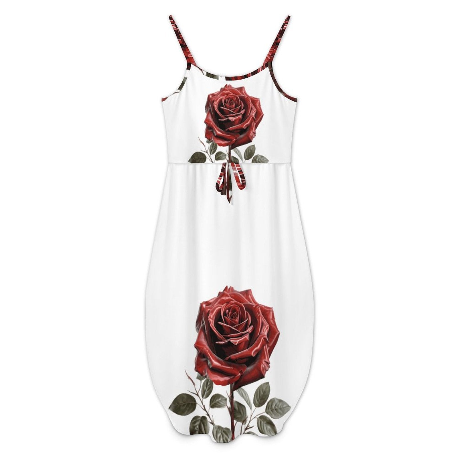 Clean, front-facing product mockup of a white sleeveless A-line maxi dress featuring a vertical red rose print layout on a white background.