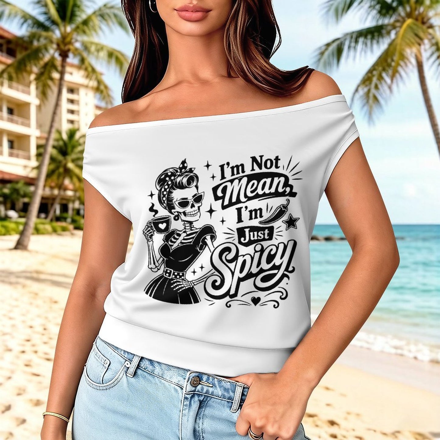 A front view of a white women's asymmetrical single shoulder t-shirt featuring an edgy 'Not Mean I'm Spicy' slogan text graphic design.