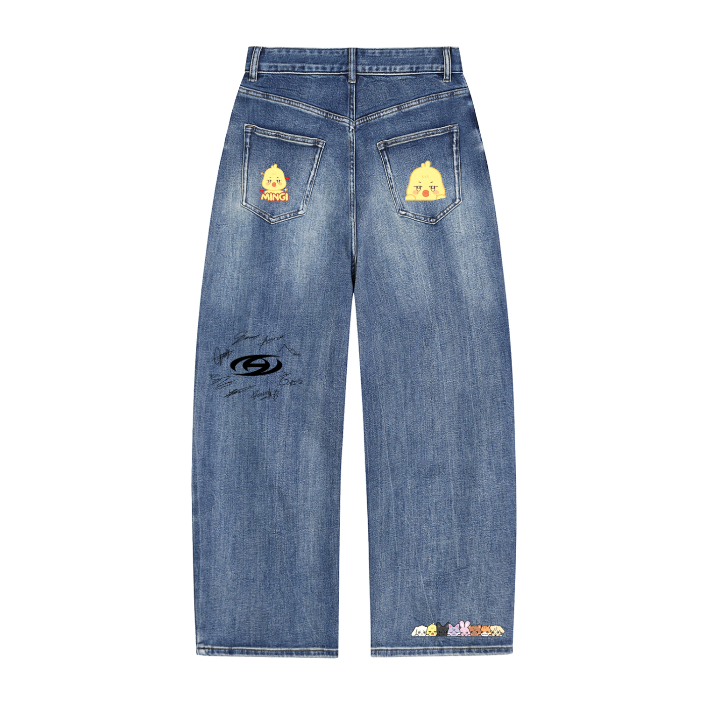Close-up back flat lay view of the upper half of the blue ATEEZ Mingi wide-leg denim pants, highlighting the classic back pockets, waist construction, and subtle custom graphic prints.