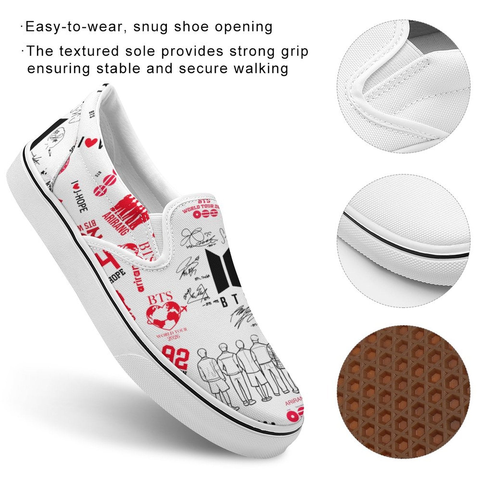 Close up of durable rubber sole and cushioned insole of BTS ARMY themed slip-on shoes.