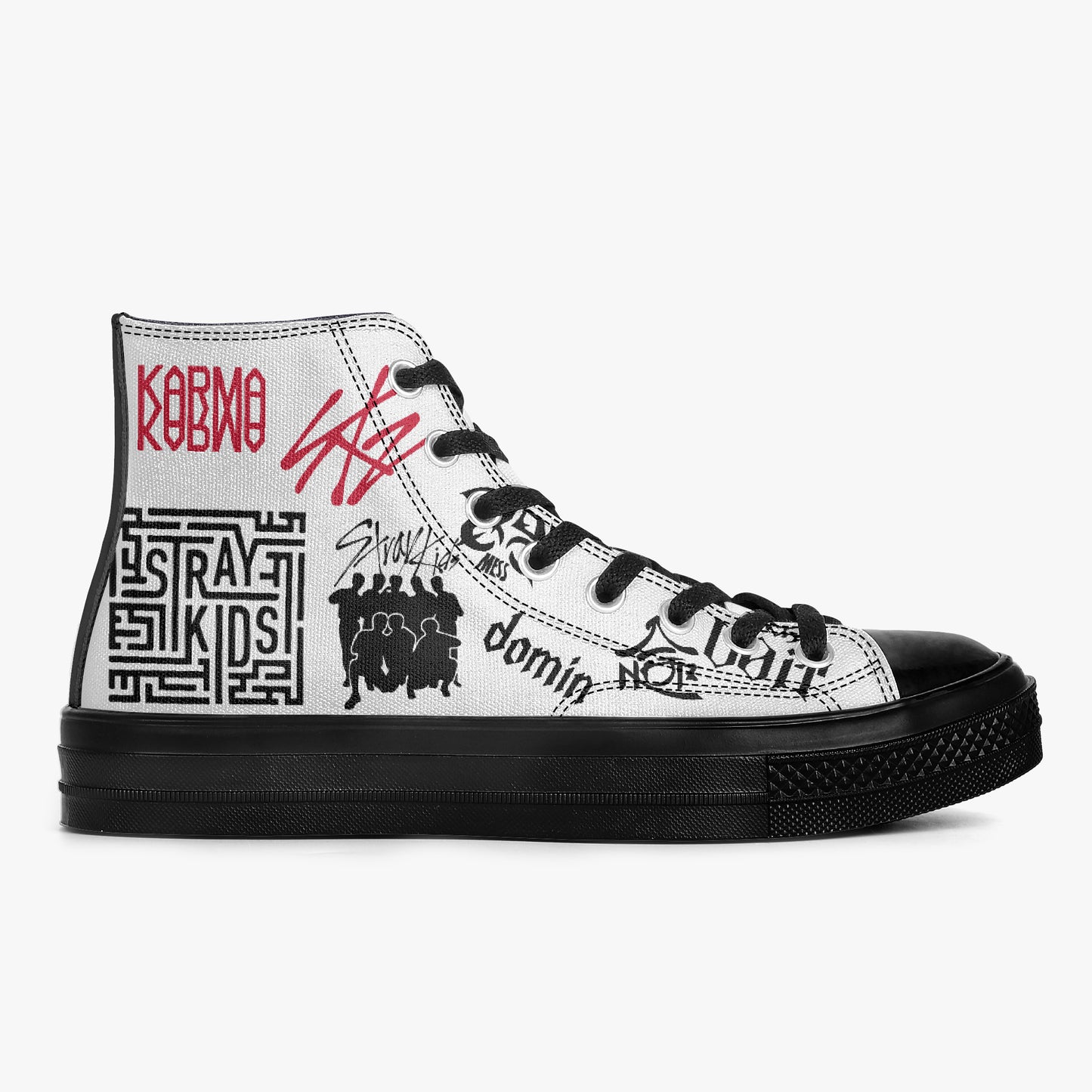 Close-up side profile view of a custom Stray Kids white canvas high-top shoe featuring bold black and red graffiti graphics, including the iconic Stray Kids logo, a stylized compass motif, "DO IT" text with paint drips, and "RUN!" text on a clean white background.