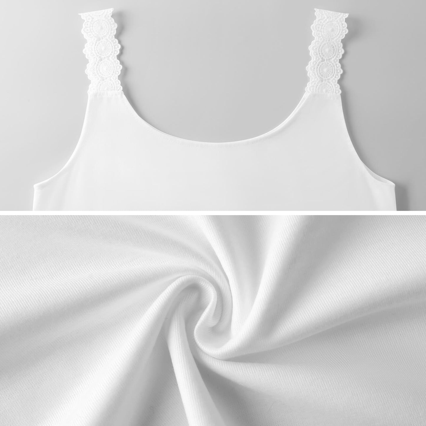 Flat lay display of the Stray Kids SKZOO lace trim tank top next to an inclusive size chart ranging from XS to 5XL, detailing measurements for an accurate, flattering fit.