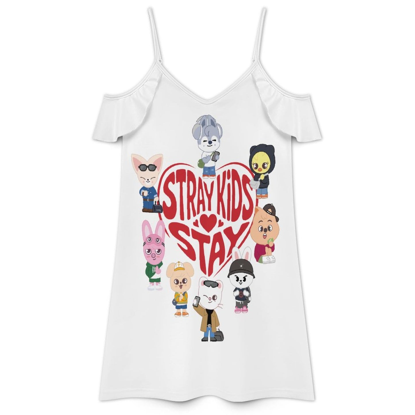 Stray Kids SKZOO Custom Ruffle Dress | All-Over Print Spaghetti Strap Mini Dress