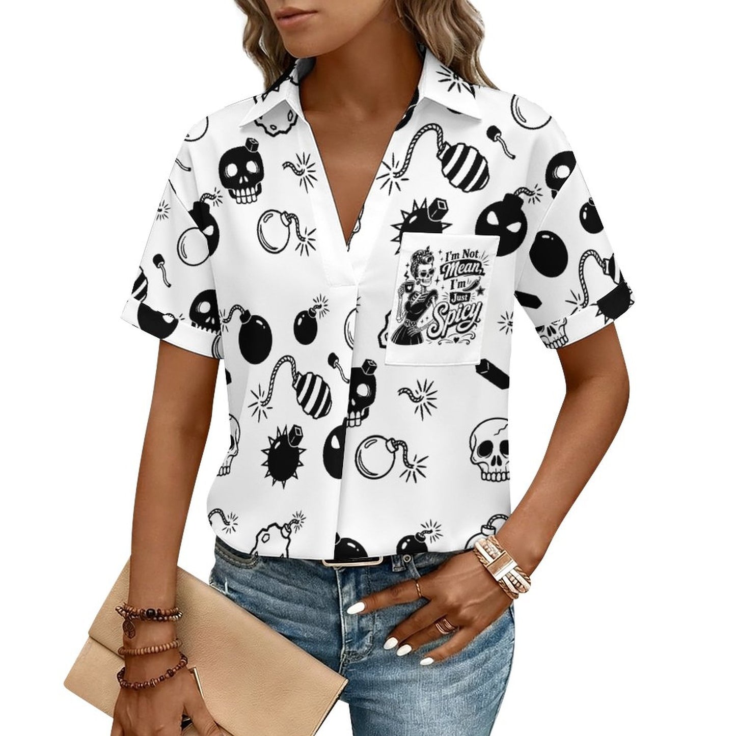 "I'm Not Mean I'm Spicy" Boat Neck T-Shirt – Funny Skull Graphic Slouchy Top (Three-Quarter Sleeve)