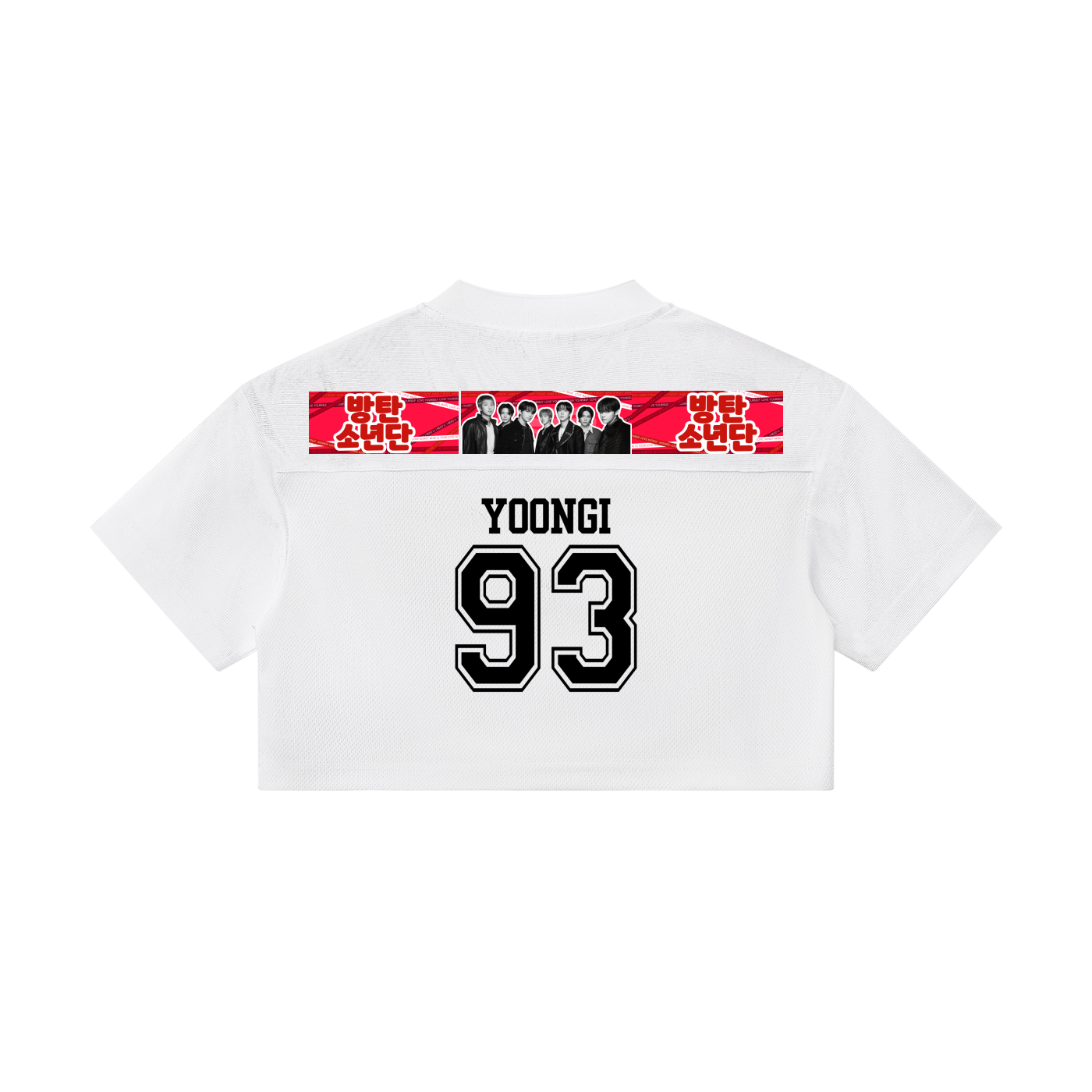 Back view of the white BTS Yoongi cropped paneled v-neck jersey, featuring a bold black 93 player number and Yoongi name print below a horizontal BTS band photo panel.