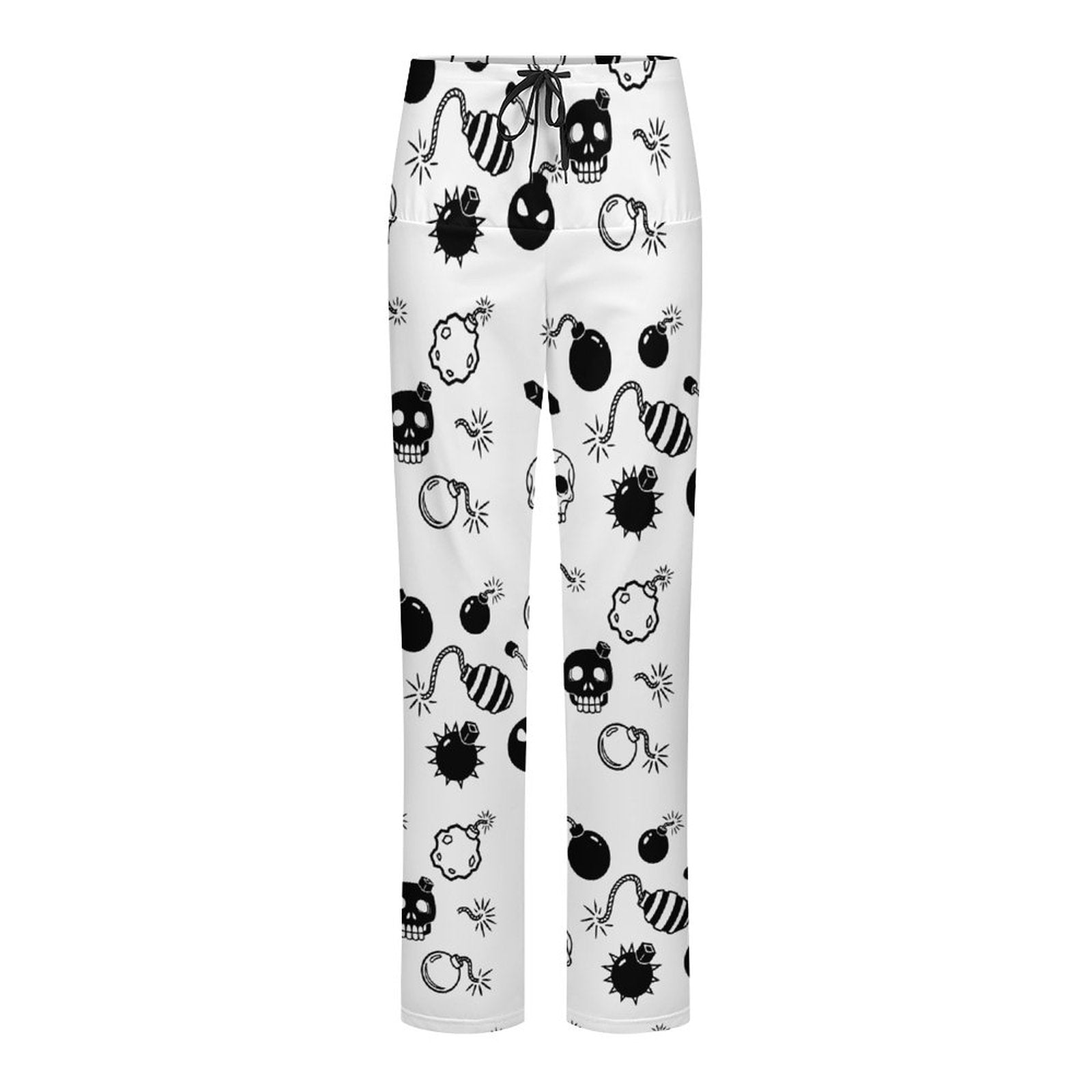 Full-length display of the premium Milk Silk lounge pants, highlighting the vibrant black and white alt-fashion graphic print pattern and relaxed, straight-leg casual silhouette.
