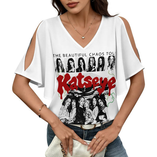 Katseye Tour Inspired Cold Shoulder Top | All-Over Print V-Neck Ruffled Sleeve Fan Tee