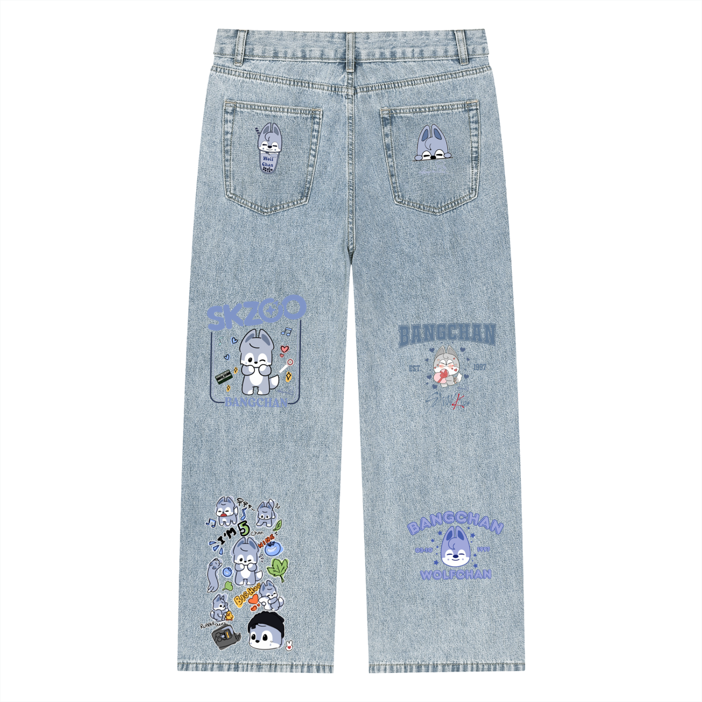 Back full-length view of SKZ SKZOO Wolfchan unisex vintage wash straight leg jeans in blue denim, featuring custom character graphics and a loose streetwear silhouette.