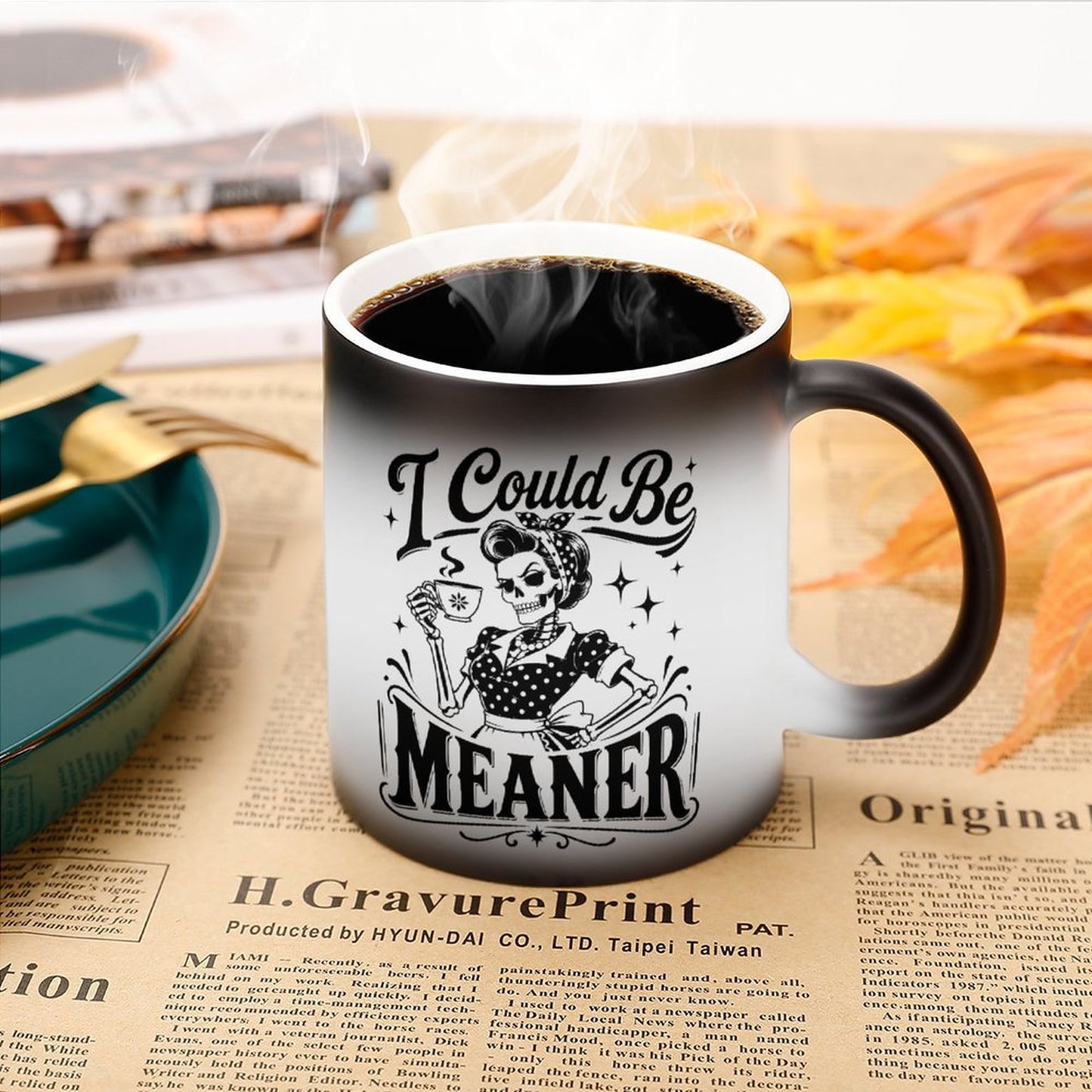 Close-up of a premium 330ml heat sensitive ceramic magic mug featuring dual-sided print for left or right-handed use.
