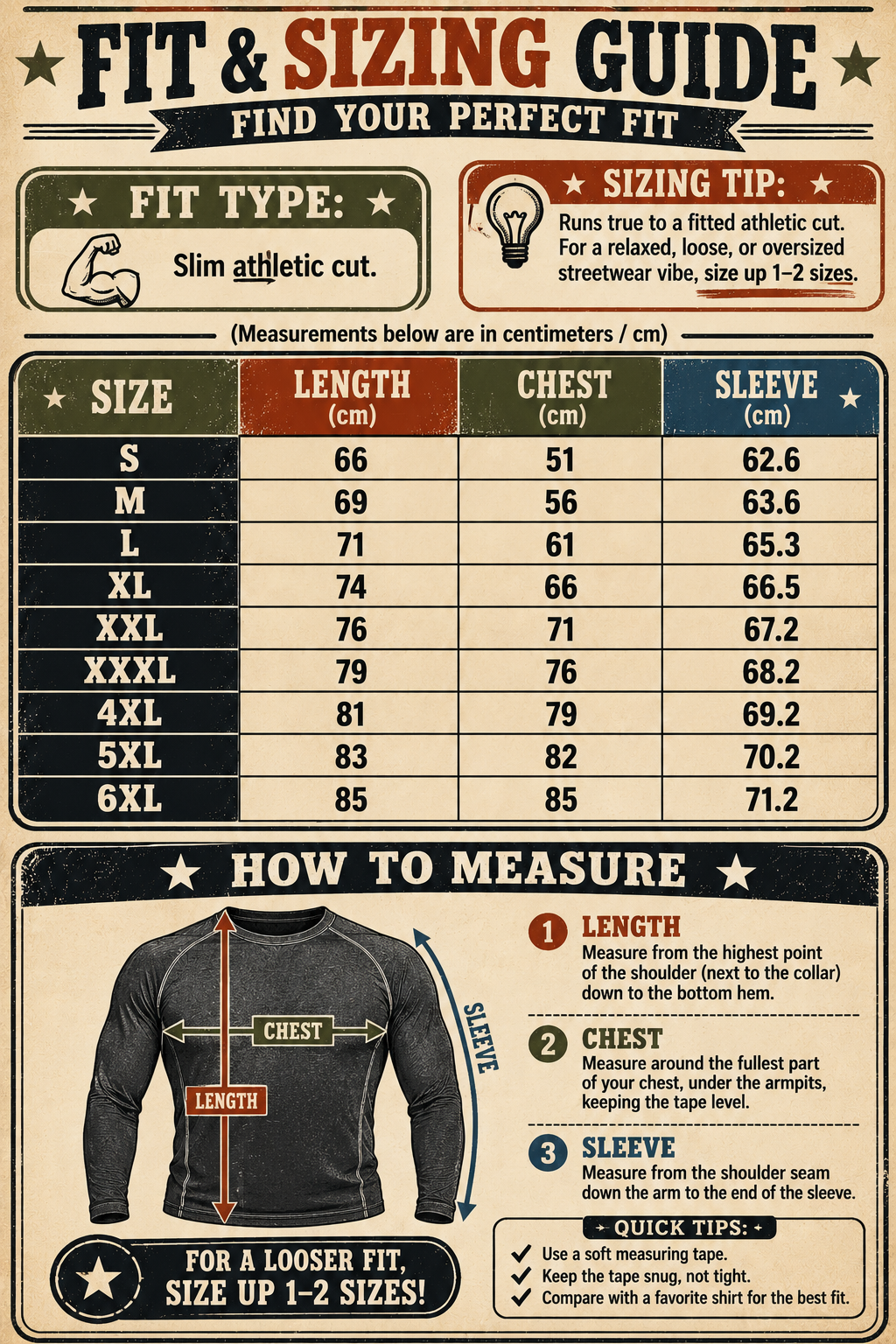 Size and fit measurement chart for unisex Stray Kids lightweight track jacket S to 6XL