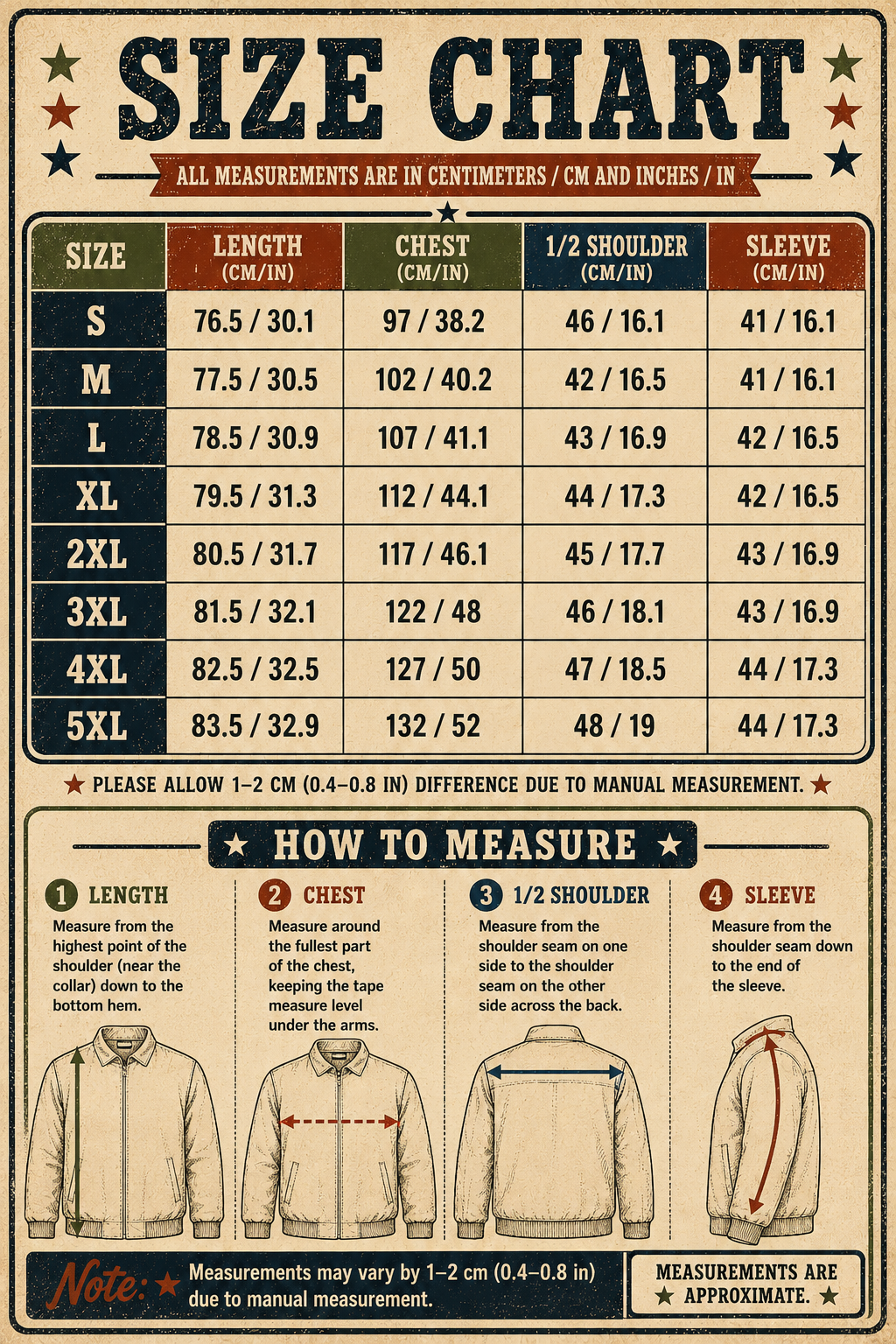 A size measurement chart and guide for a men's long-sleeve button-up shirt, showing sizing from S to 5XL with length, chest, 1/2 shoulder, and sleeve measurements in centimeters and inches. It includes a 'How to Measure' section with illustrated steps and a note about manual measurement variations.