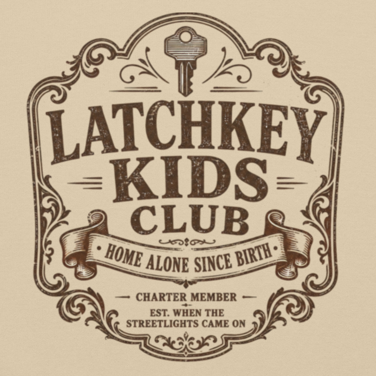 Close-up detail of the Latchkey Kids Club vintage badge emblem printed on fleece fabric