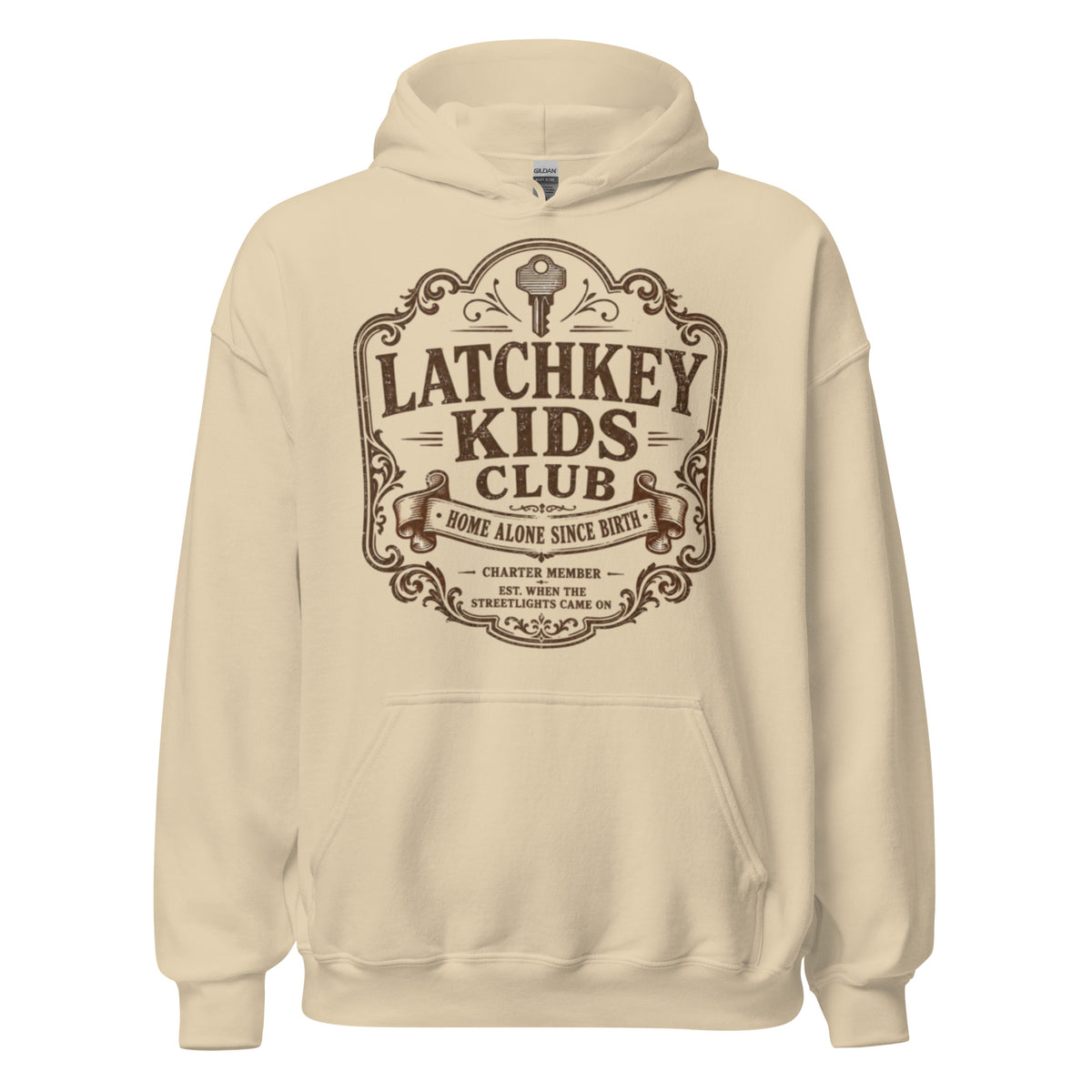 Front view of Latchkey Kids Club vintage graphic t-shirt in beige