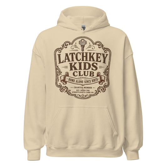 Front view of Latchkey Kids Club vintage graphic t-shirt in beige