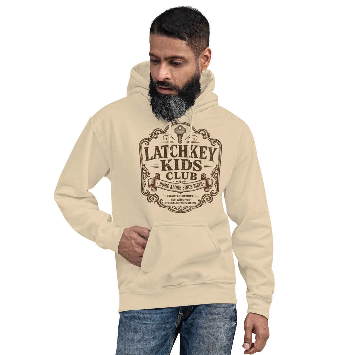 Male model wearing Latchkey Kids Club vintage pullover hoodie in sand beige