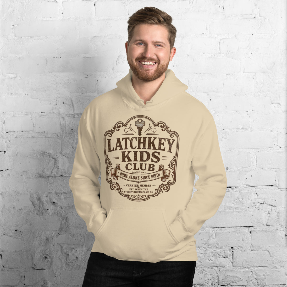 Back view of unisex Latchkey Kids Club graphic pullover sweatshirt in sand beige