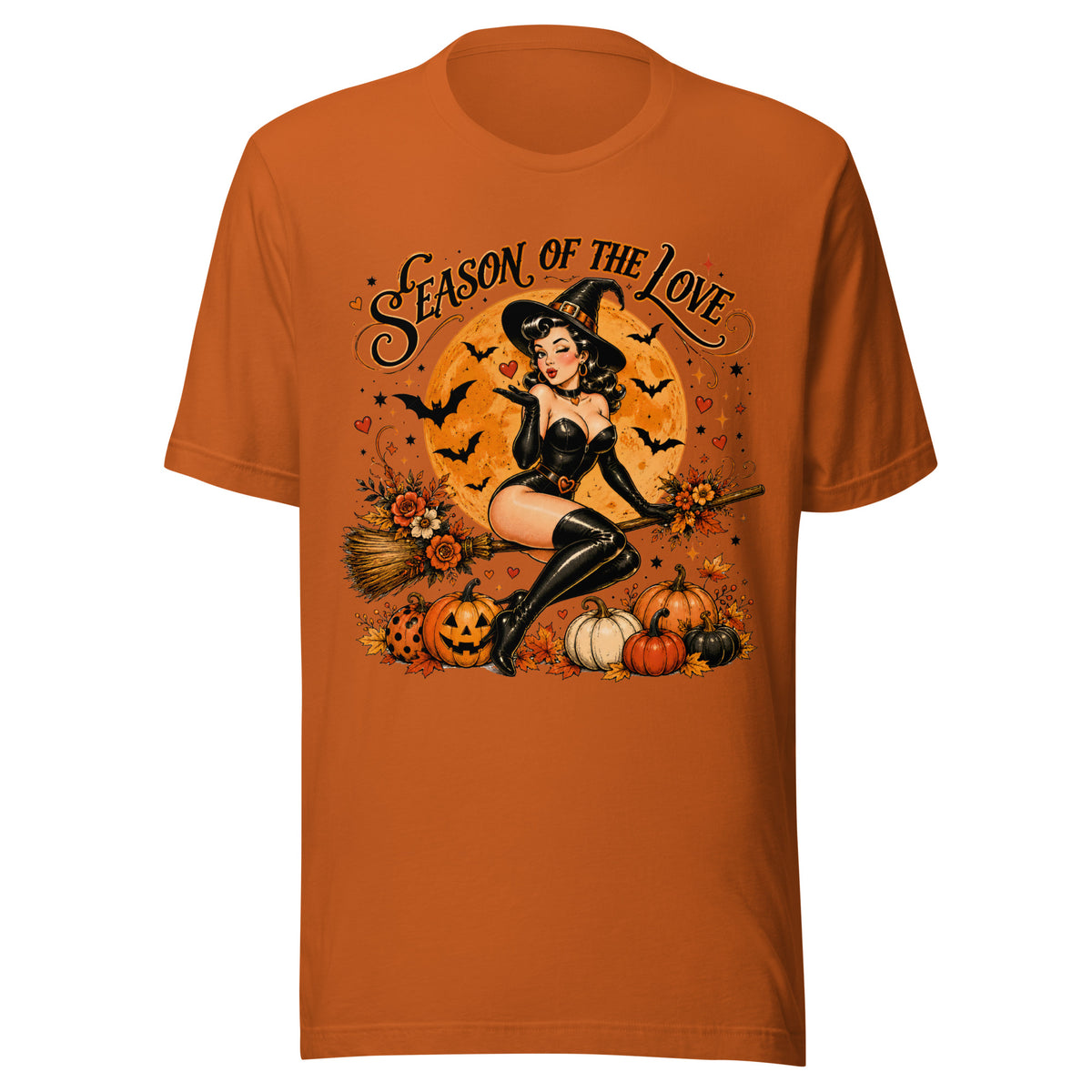 Front view of Season of the Witch retro Halloween graphic tee in autumn orange