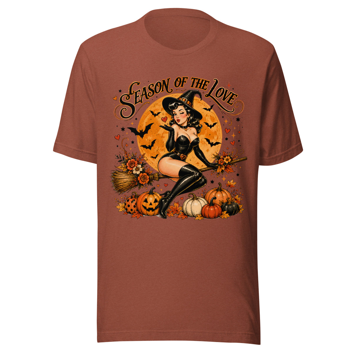 Front view of Season of the Witch vintage Halloween t-shirt in heather clay