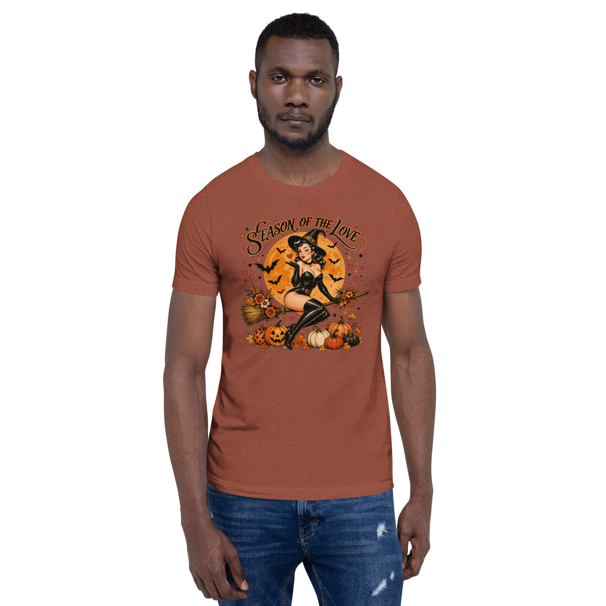 Male model wearing Season of the Witch retro Halloween t-shirt in heather clay