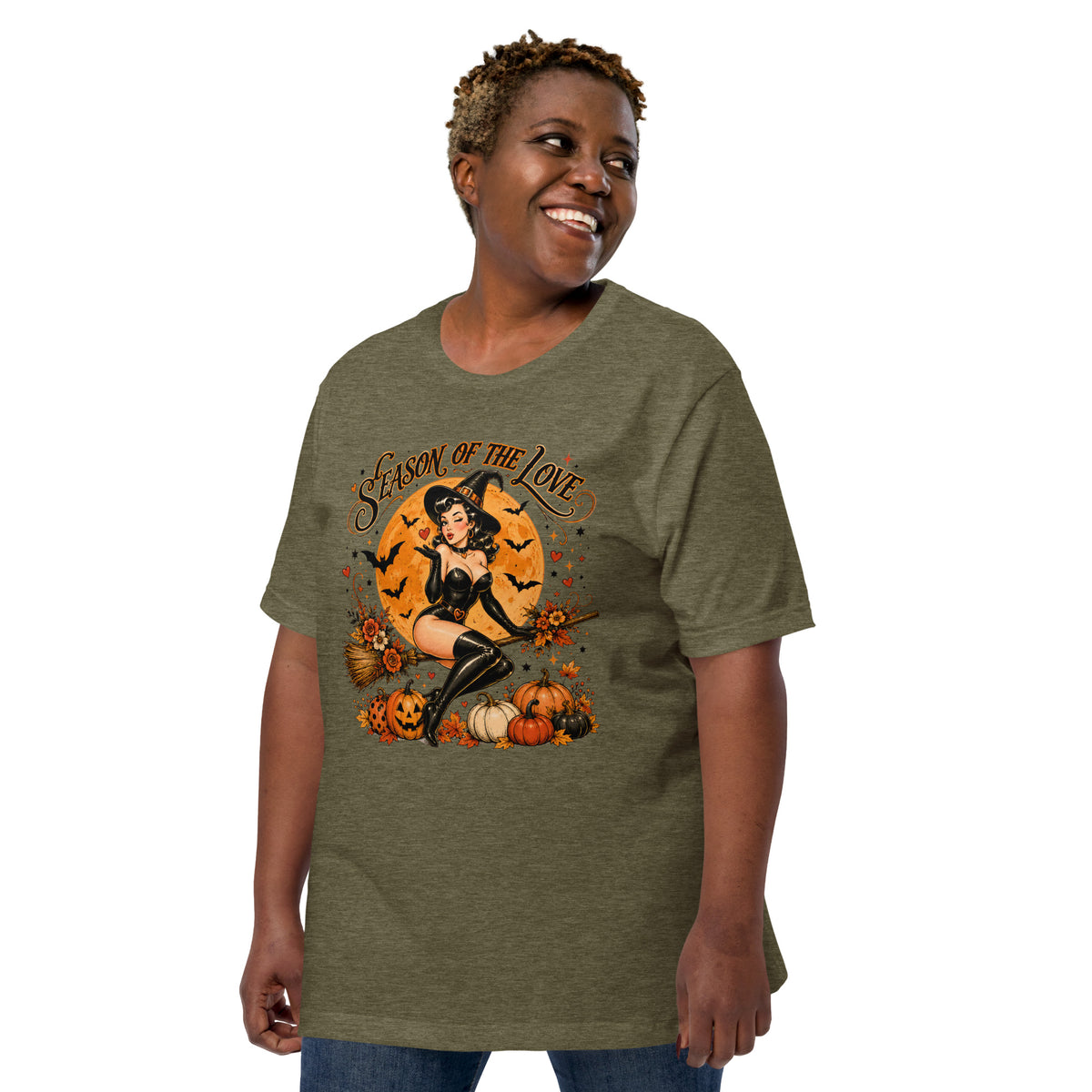 Smiling woman wearing Season of the Witch vintage graphic t-shirt in heather olive