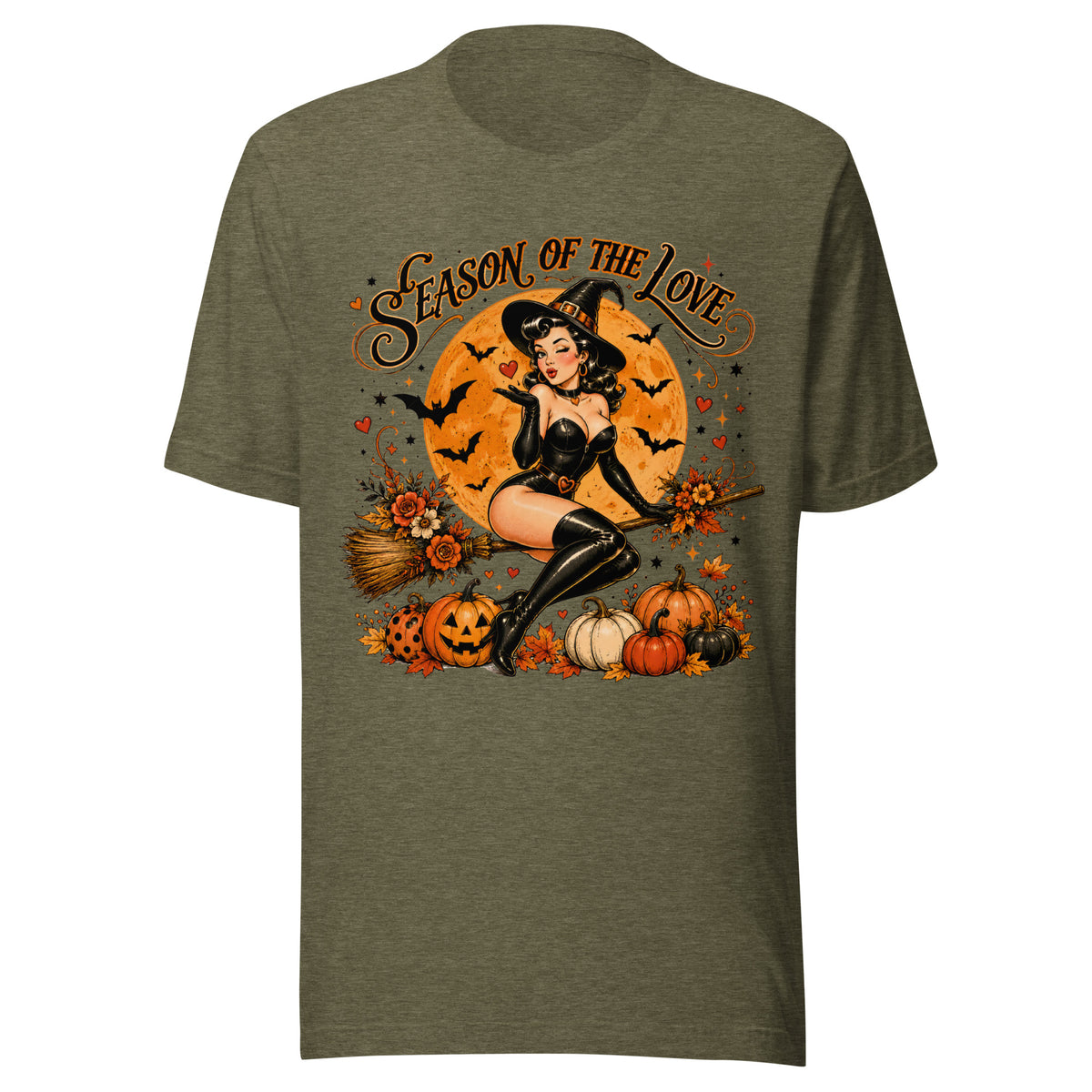 Front view of Season of the Witch vintage graphic t-shirt in heather olive