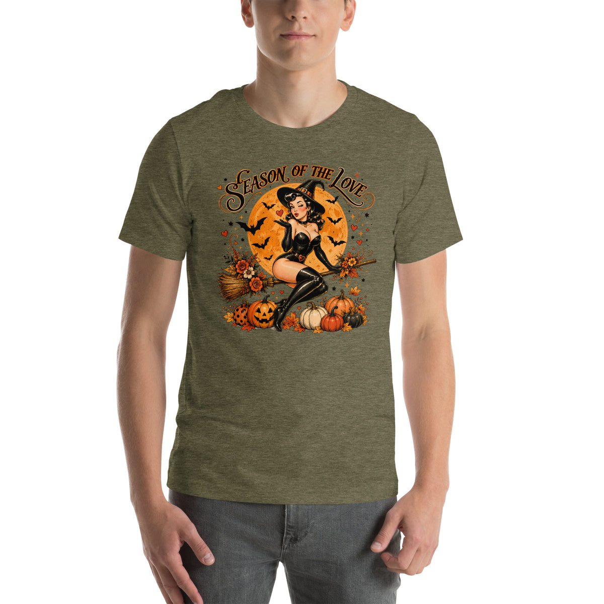 Male model wearing Season of the Witch vintage graphic t-shirt in heather olive