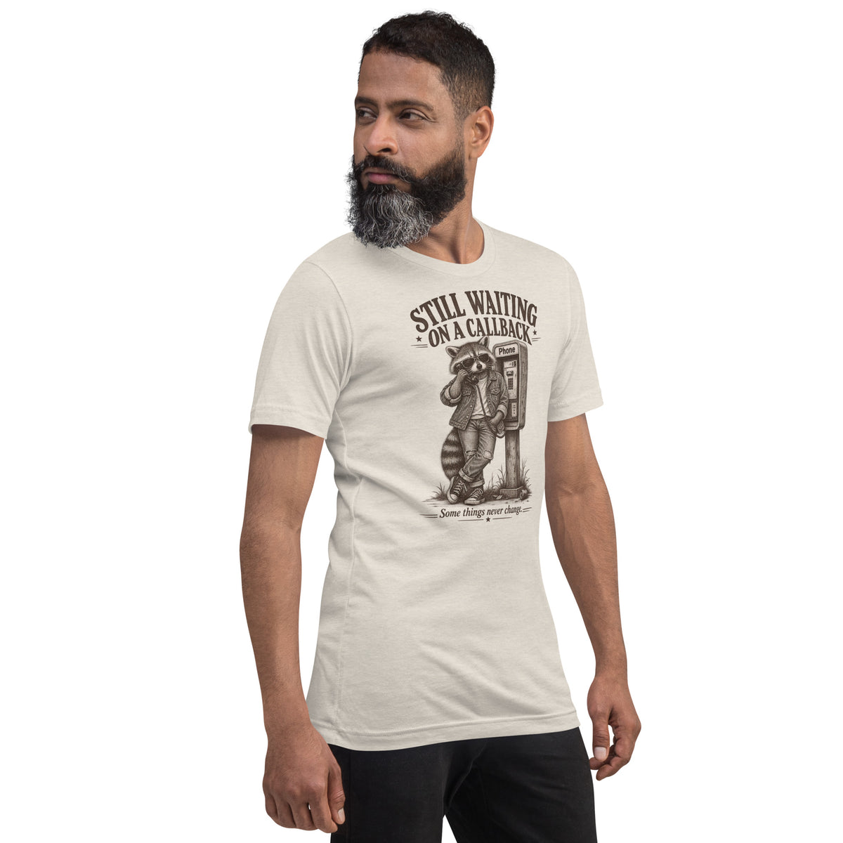 Side angle view of Still Waiting on a Callback graphic tee showing sleeve and cut