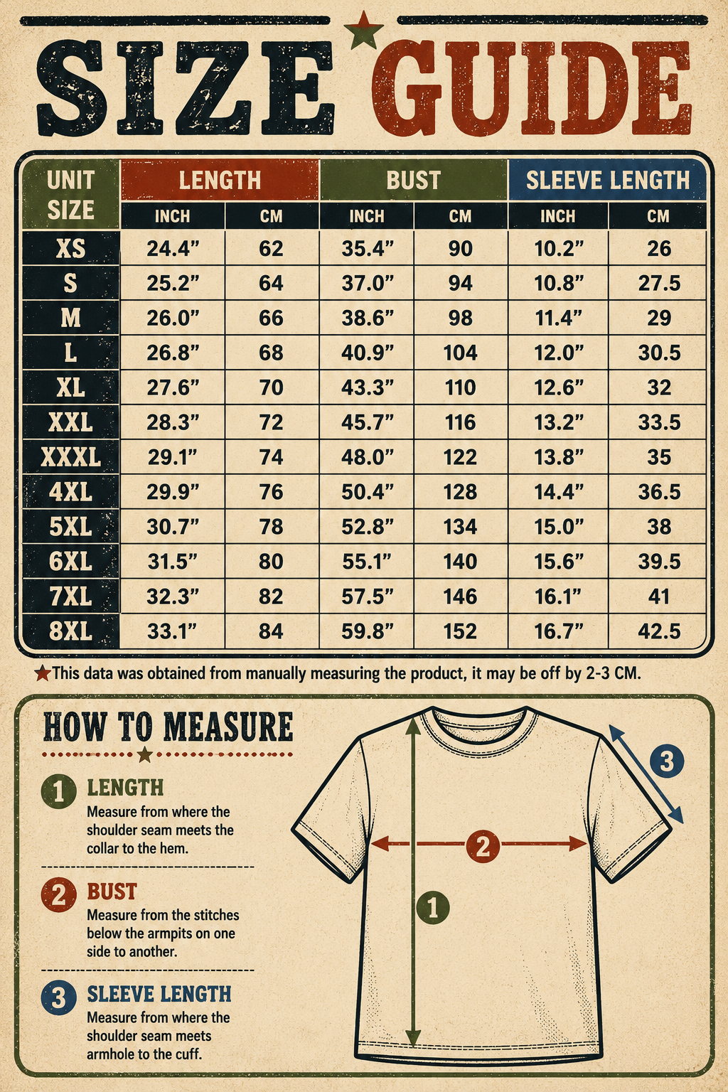 A size guide chart for a women's short-sleeve t-shirt, showing unit sizes from XS to 8XL with corresponding measurements in inches and centimeters for length, bust, and sleeve length. Below the table is a 'How to Measure' diagram with numbered steps and a simple line drawing of a t-shirt.