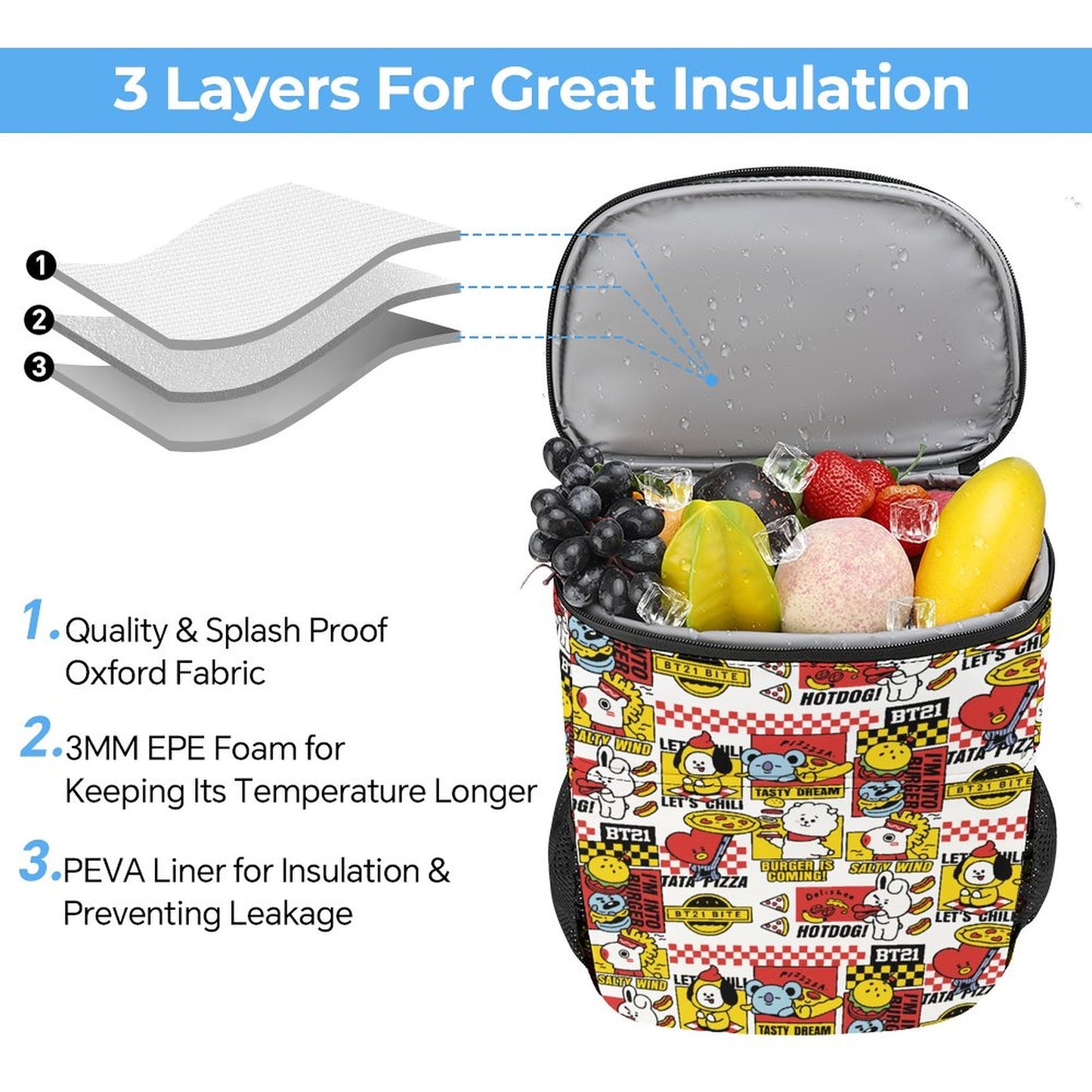 BT21 Inspired Insulated Ice Pack Backpack – All-Over Print K-Pop Picnic & Travel Bag