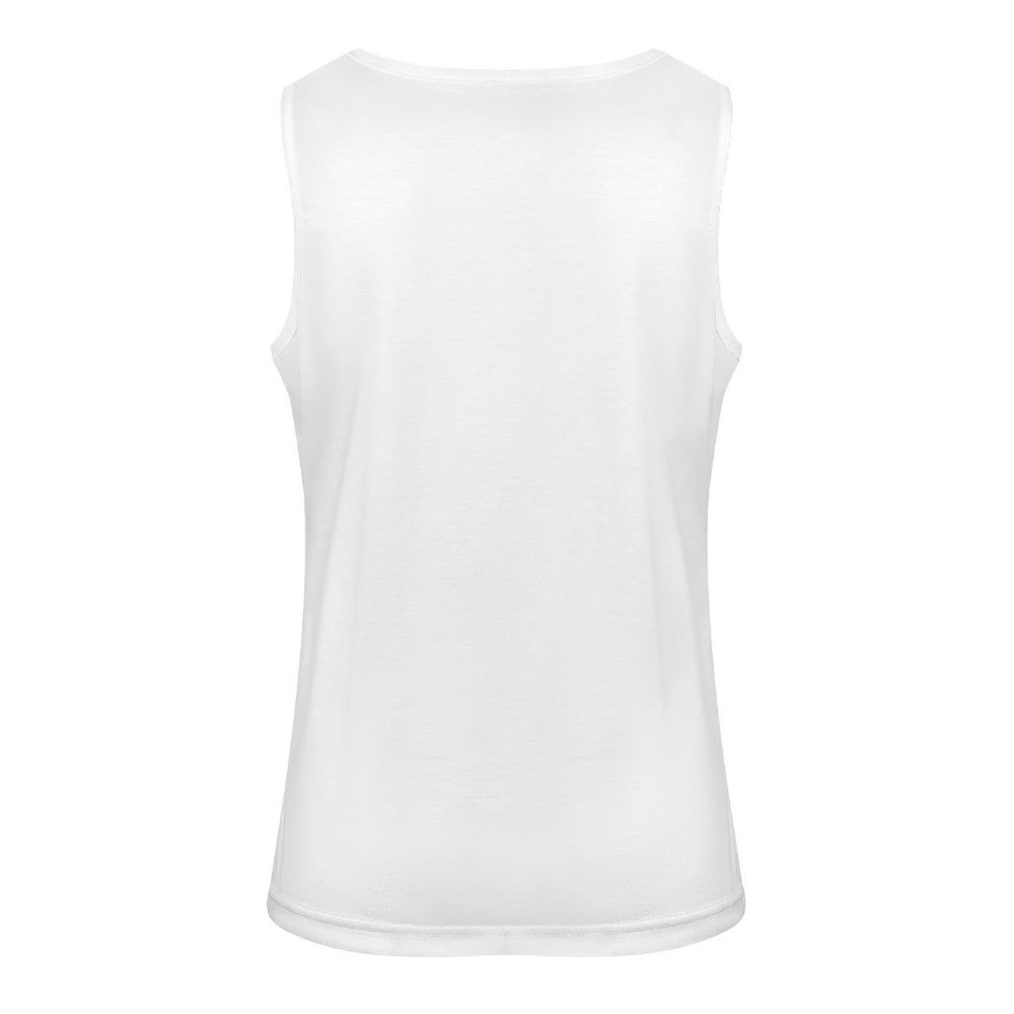 Back view mockup of a white sleeveless square-neck tank top showcasing the premium fine-stitched shoulder lines and clean, unprinted layout.