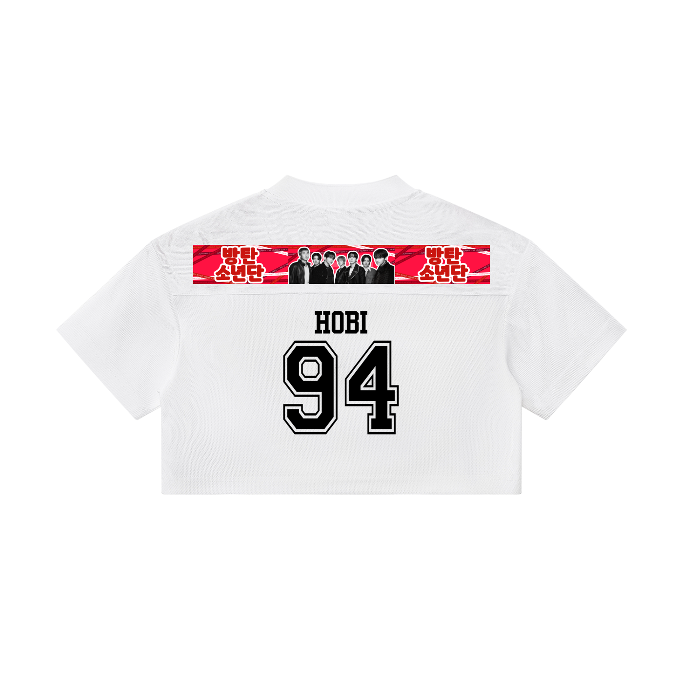 White t-shirt with graphic design and text on the back