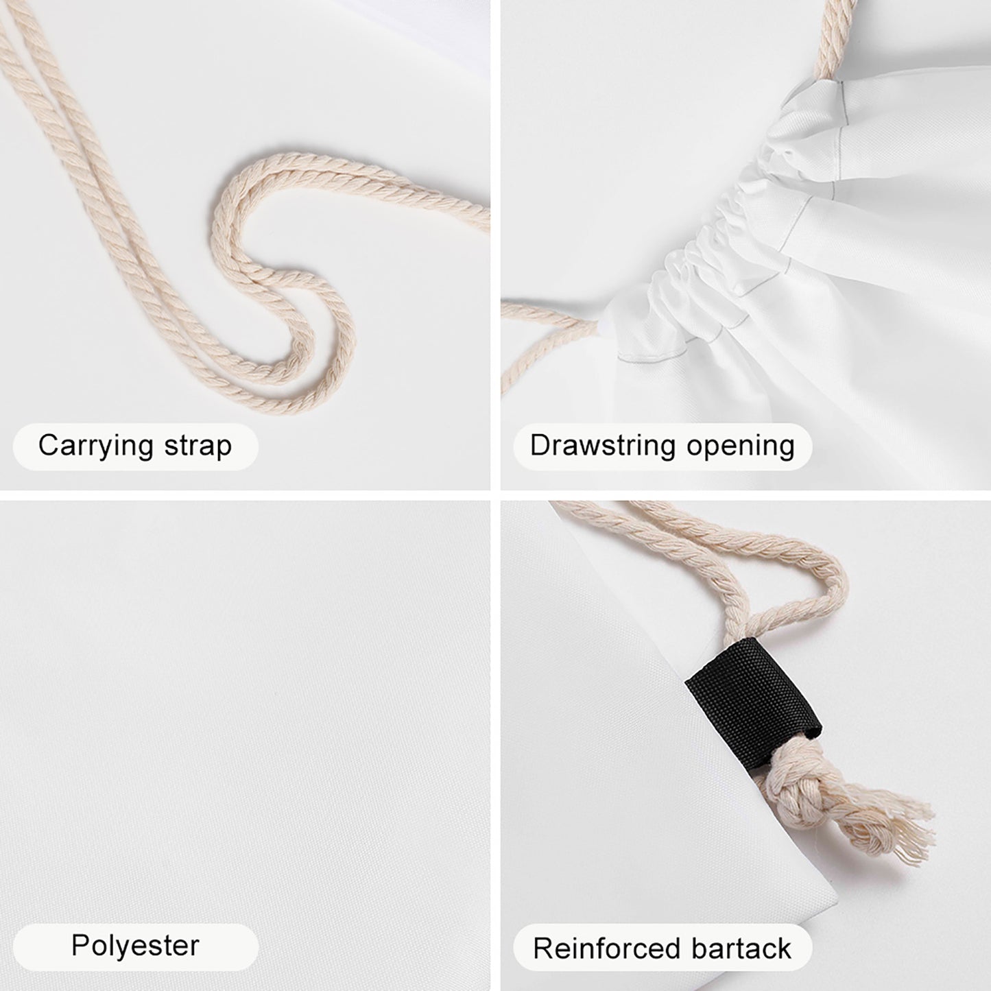 Product features including a carrying strap, drawstring opening, polyester material, and reinforced bartack on a white background.