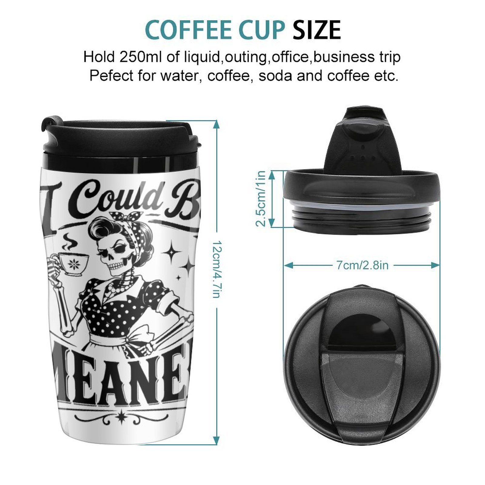 Close up of the spill resistant slide flip top lid and anti skid base on travel mug
