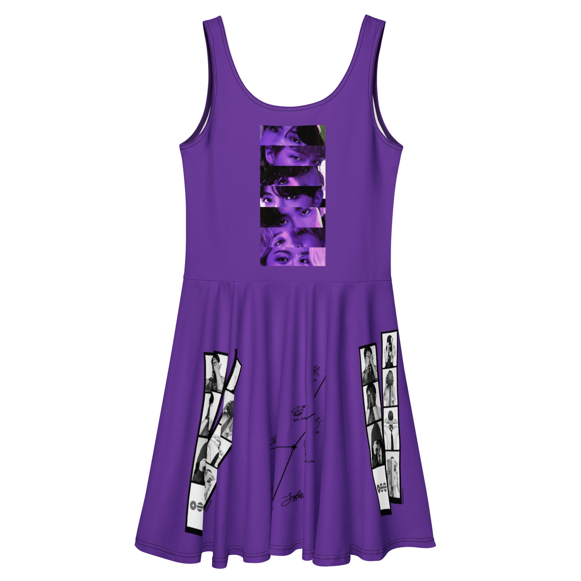 Back flat lay view of the Borahae purple BTS ARMY concert dress highlighting the seamless pattern layout and clean stitching.