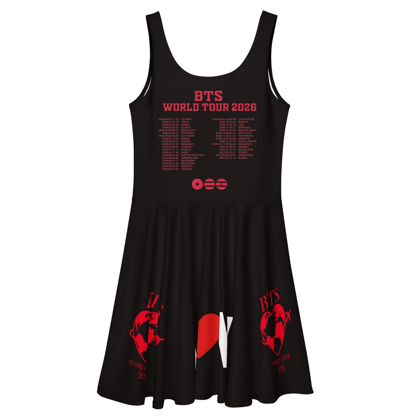 Back view of the round neckline and smooth elastic waistband on a purple and black graphic print fan apparel dress.