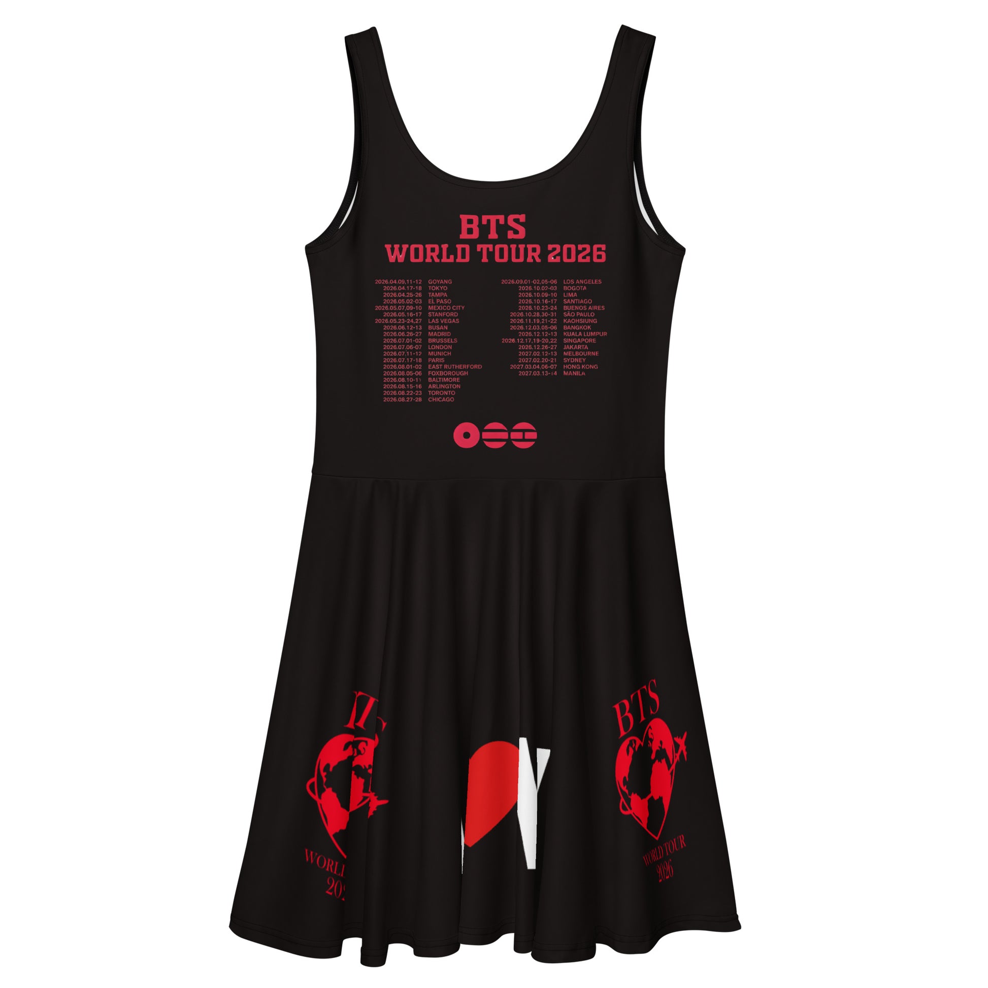Back view of the round neckline and smooth elastic waistband on a purple and black graphic print fan apparel dress.