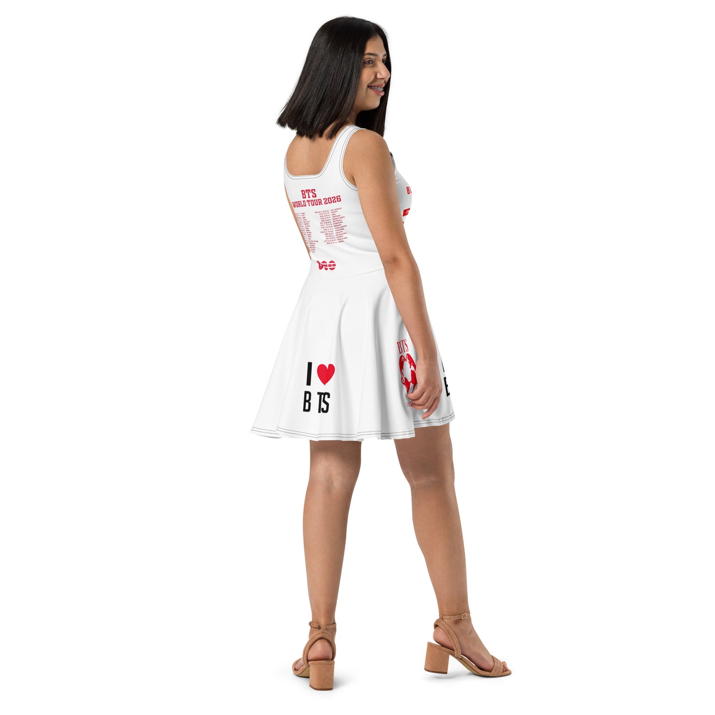 A side view of the flared A-line skirt silhouette on a purple graphic print K-pop concert dress, highlighting the fluid movement and smooth drape.