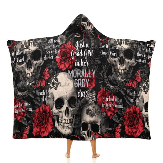 Oversized Morally Grey Hero hooded blanket with gothic script, perfect for cozy dark romance reading sessions.