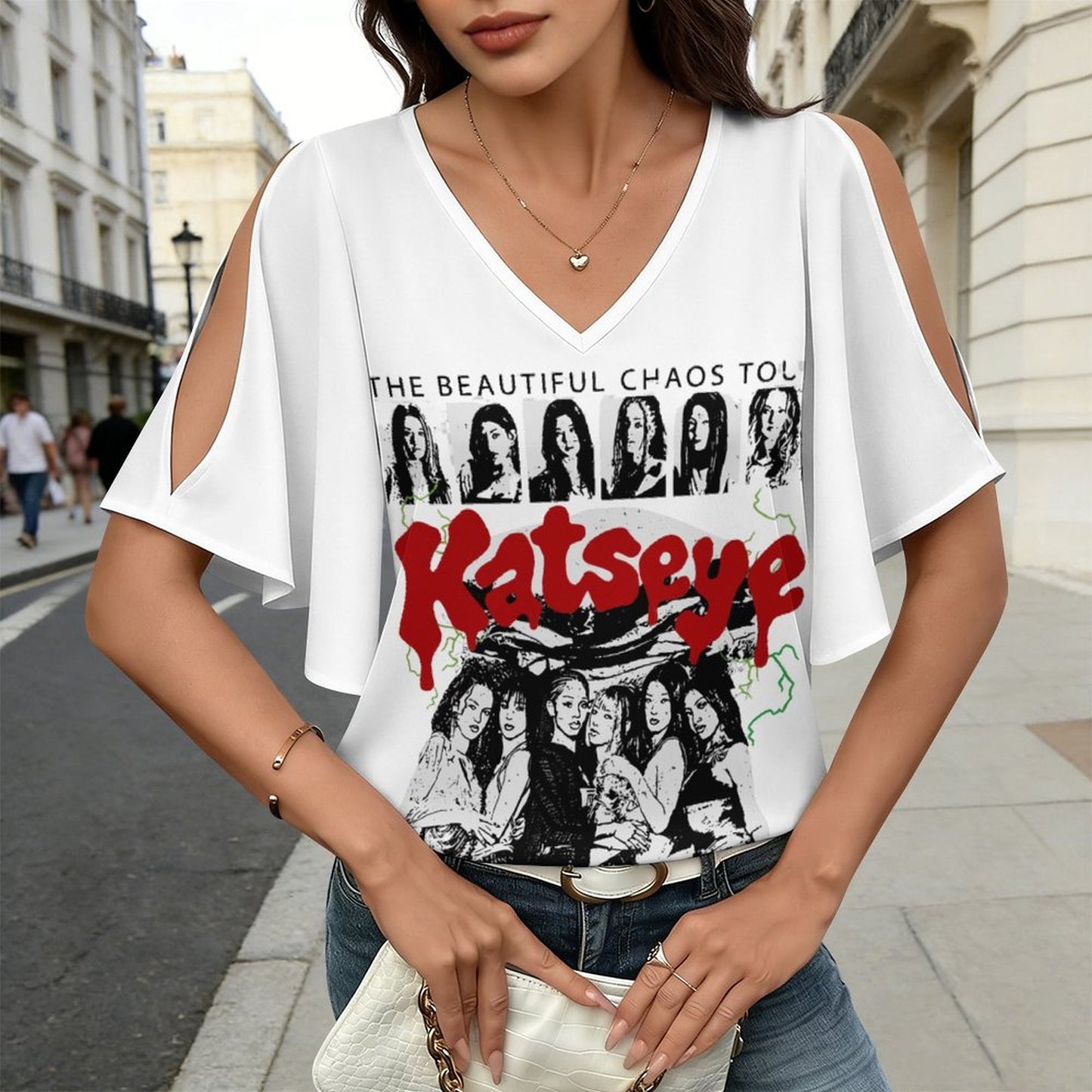 Katseye Tour Inspired Cold Shoulder Top | All-Over Print V-Neck Ruffled Sleeve Fan Tee