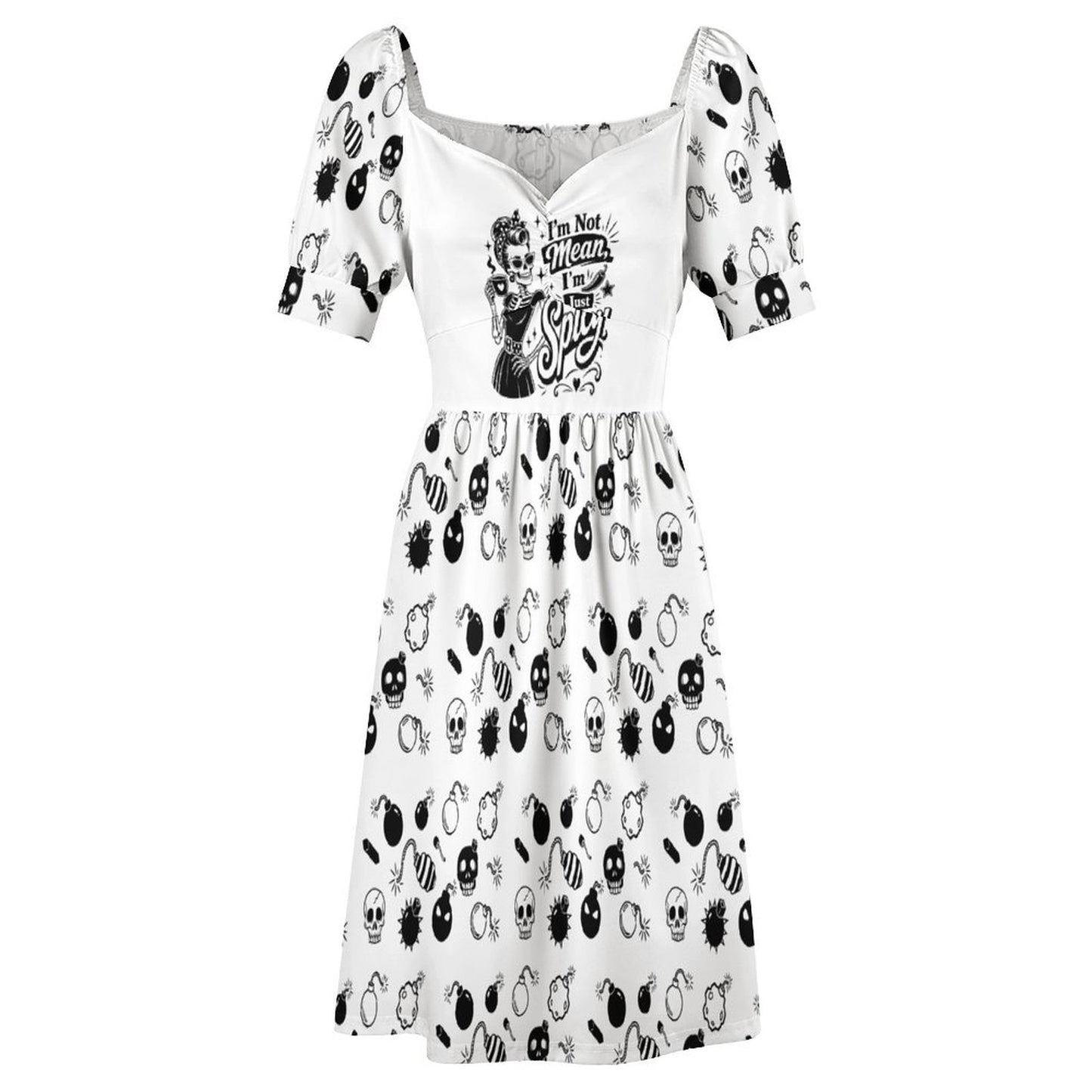 I'm Not Mean I'm Spicy – Skull Bomb Print Dress, Retro V-Neck Flared Summer Outfit