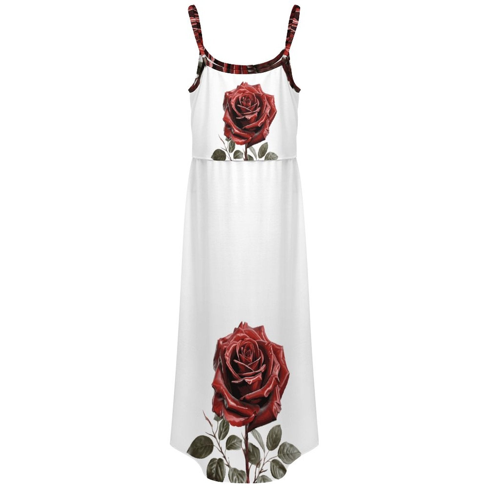Clean, front-facing product mockup of a white sleeveless A-line maxi dress featuring a vertical red rose print layout on a white background.