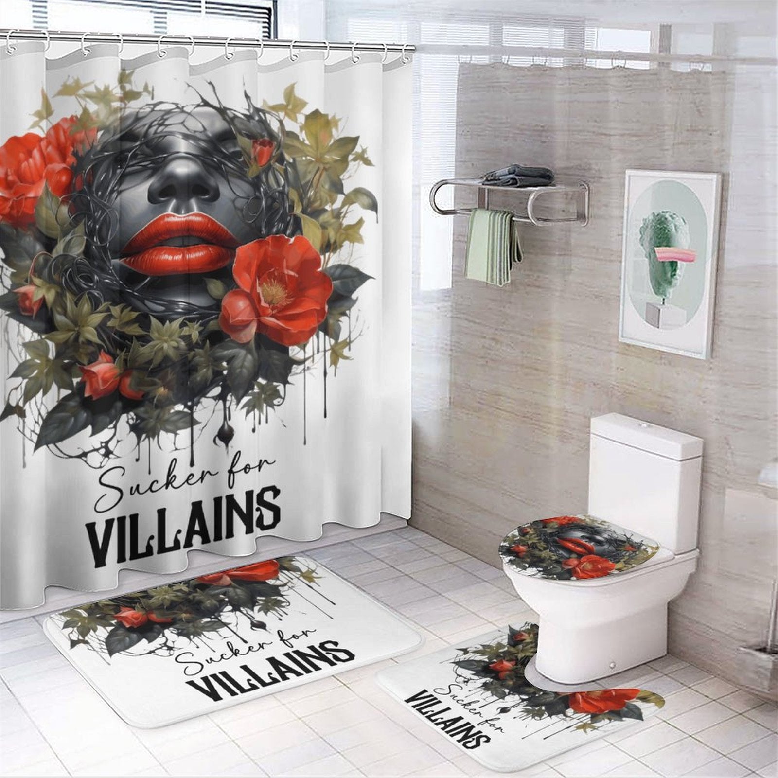 A complete 4-piece dark romance bathroom decor set styled in a modern white washroom, featuring the "Sucker for VILLAINS" waterproof shower curtain, plush bath mats, and a matching toilet seat cover.
