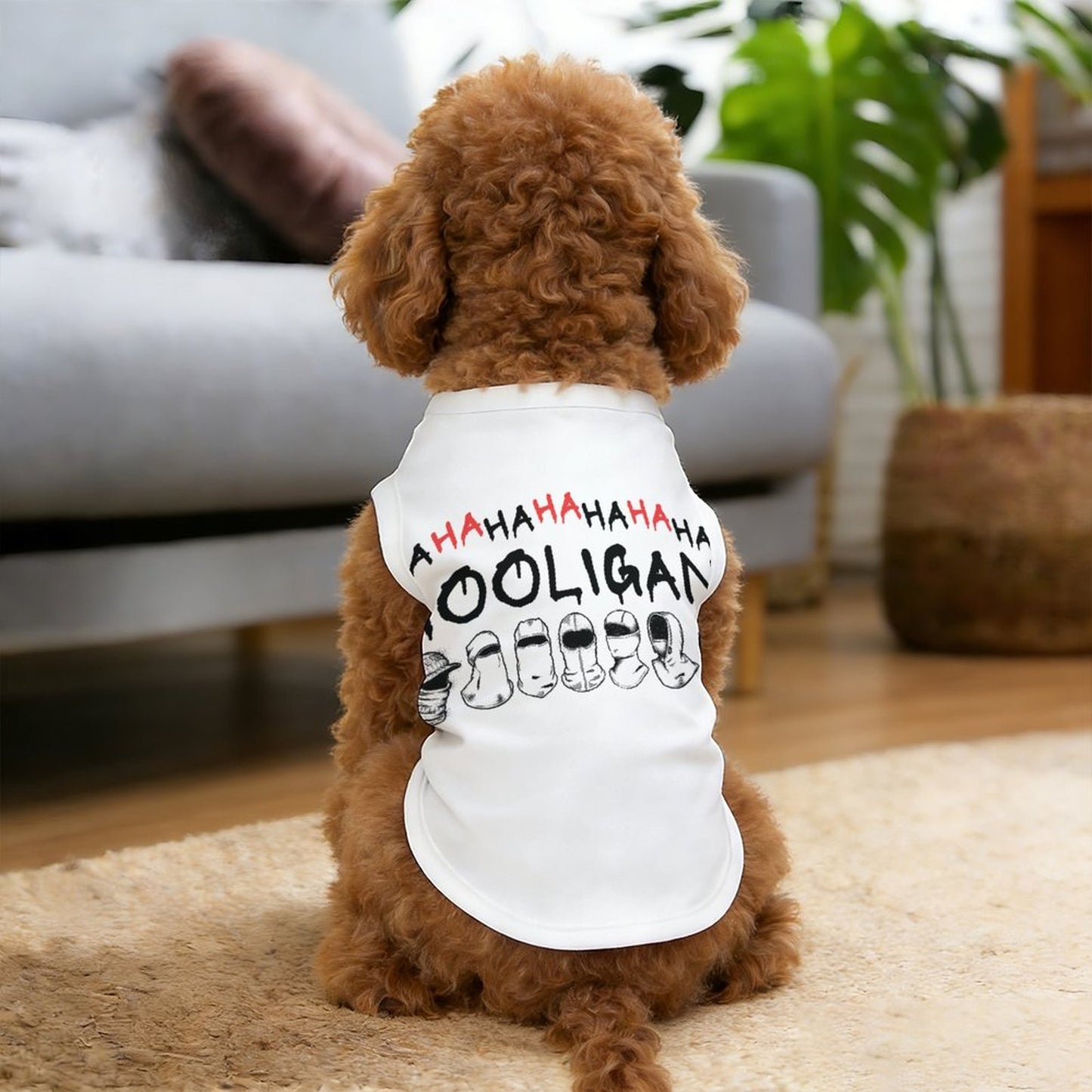 Small brown poodle wearing a white 'BTS Hooligan' pet cooling tank top in a park, showcasing K-pop fan apparel for dogs