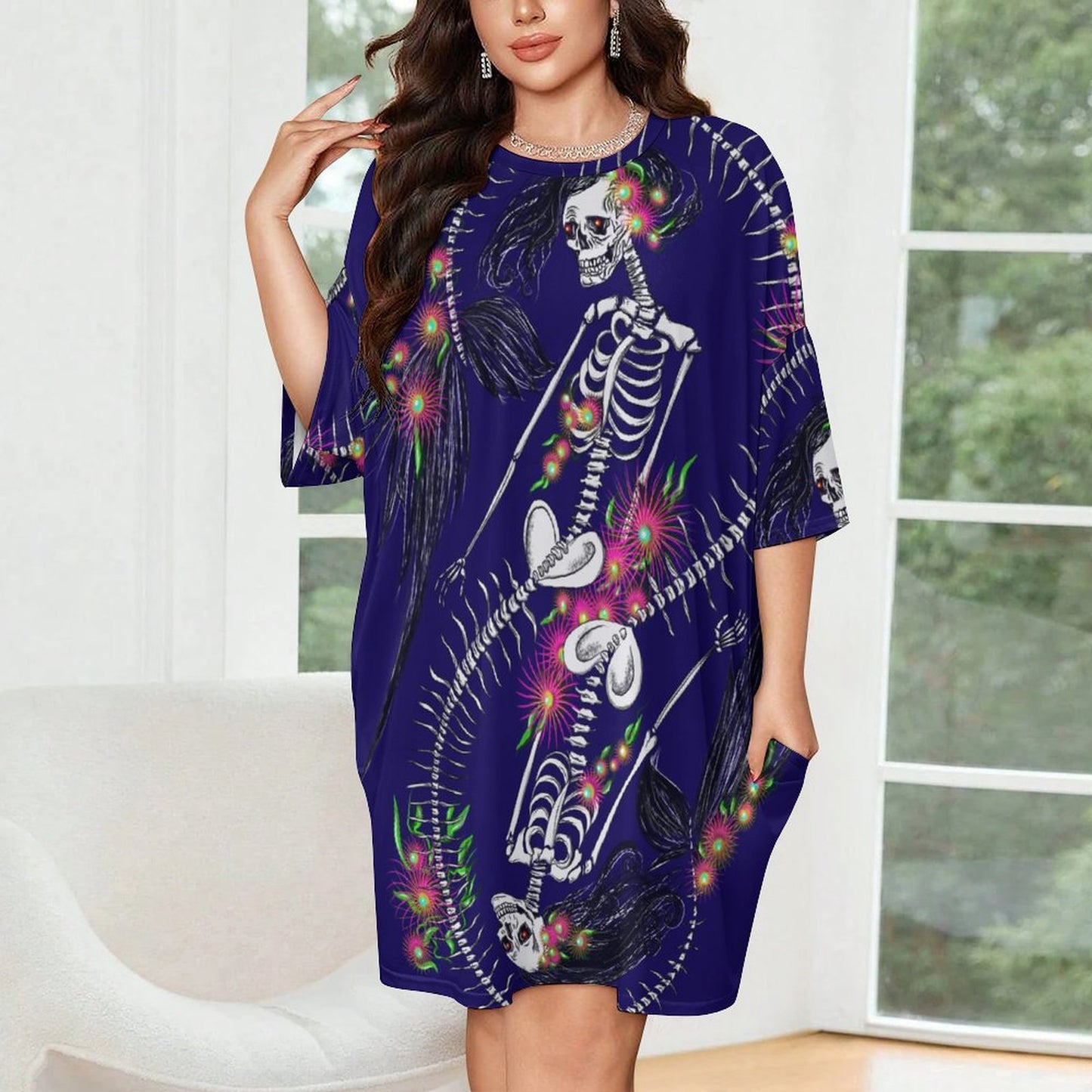 Skeleton Siren Ice Silk Nightdress | Gothic Loungewear All-Over Print