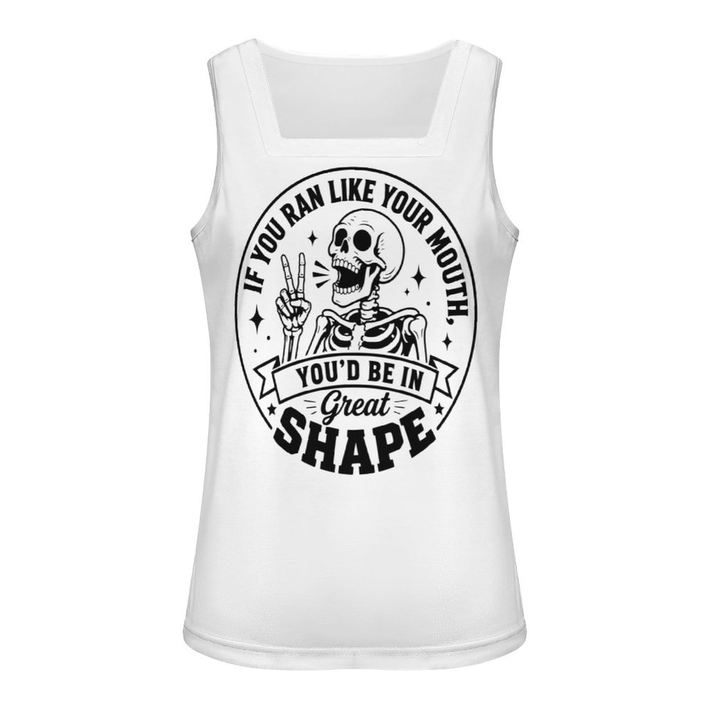 Clean, front-facing product mockup of a sleeveless white square-neck crop top displaying a bold black and white retro skeleton fitness graphic on a solid white background.