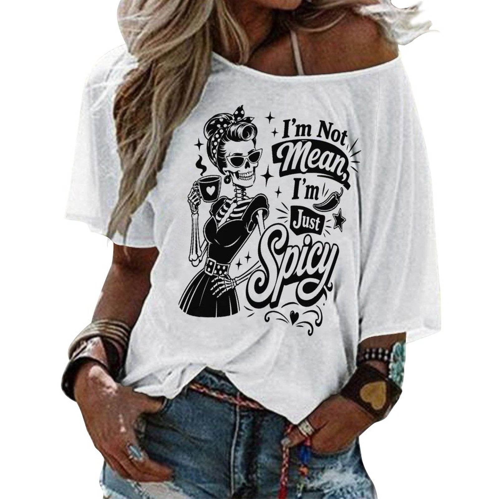 A woman wearing a white loose fit 3/4 sleeve boat neck t-shirt featuring a bold black and red vintage pop-art illustration with the sassy quote I'M NOT MEAN I'M SPICY.