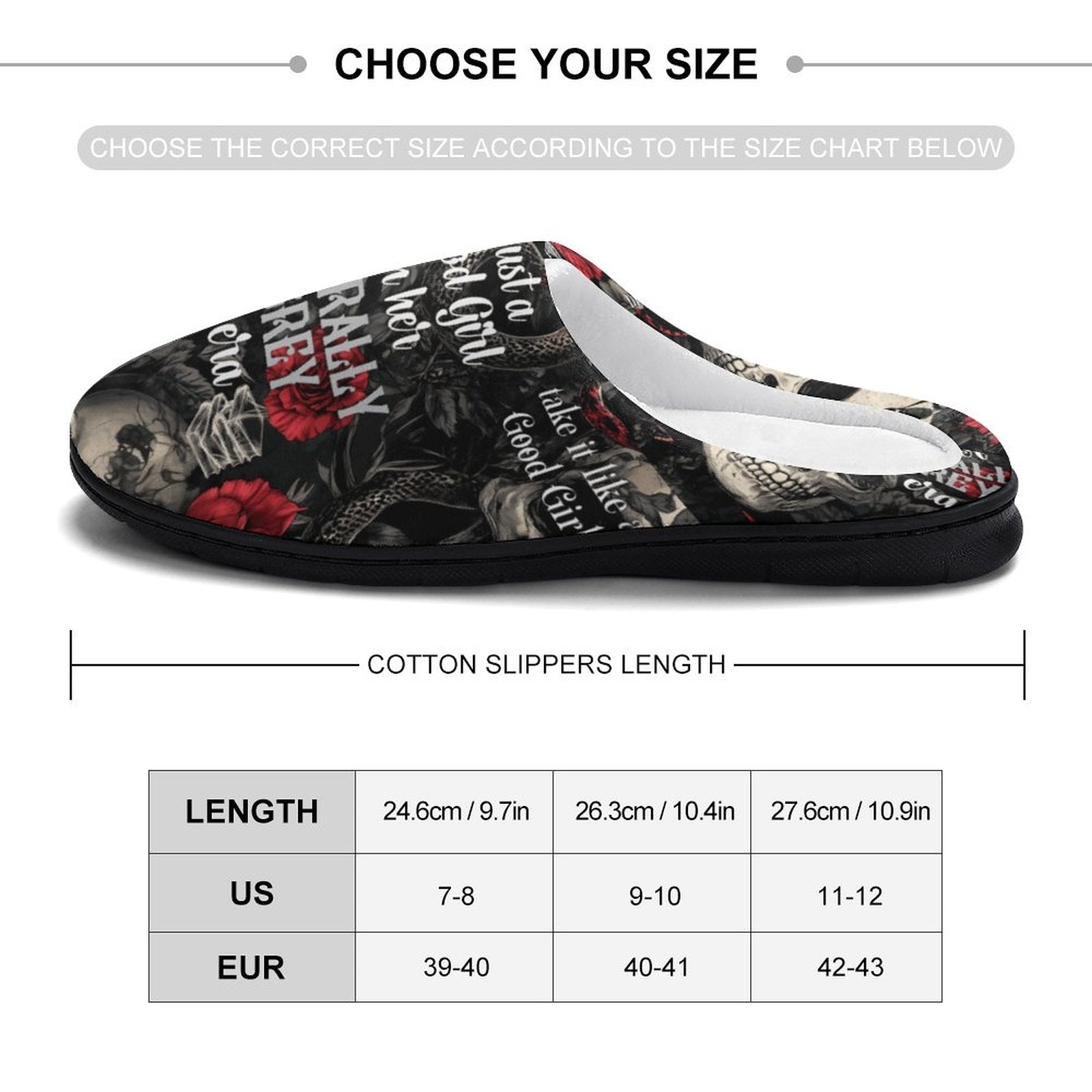 White plush bookish slippers with 'In My Morally Grey Era' text and skull rose design.