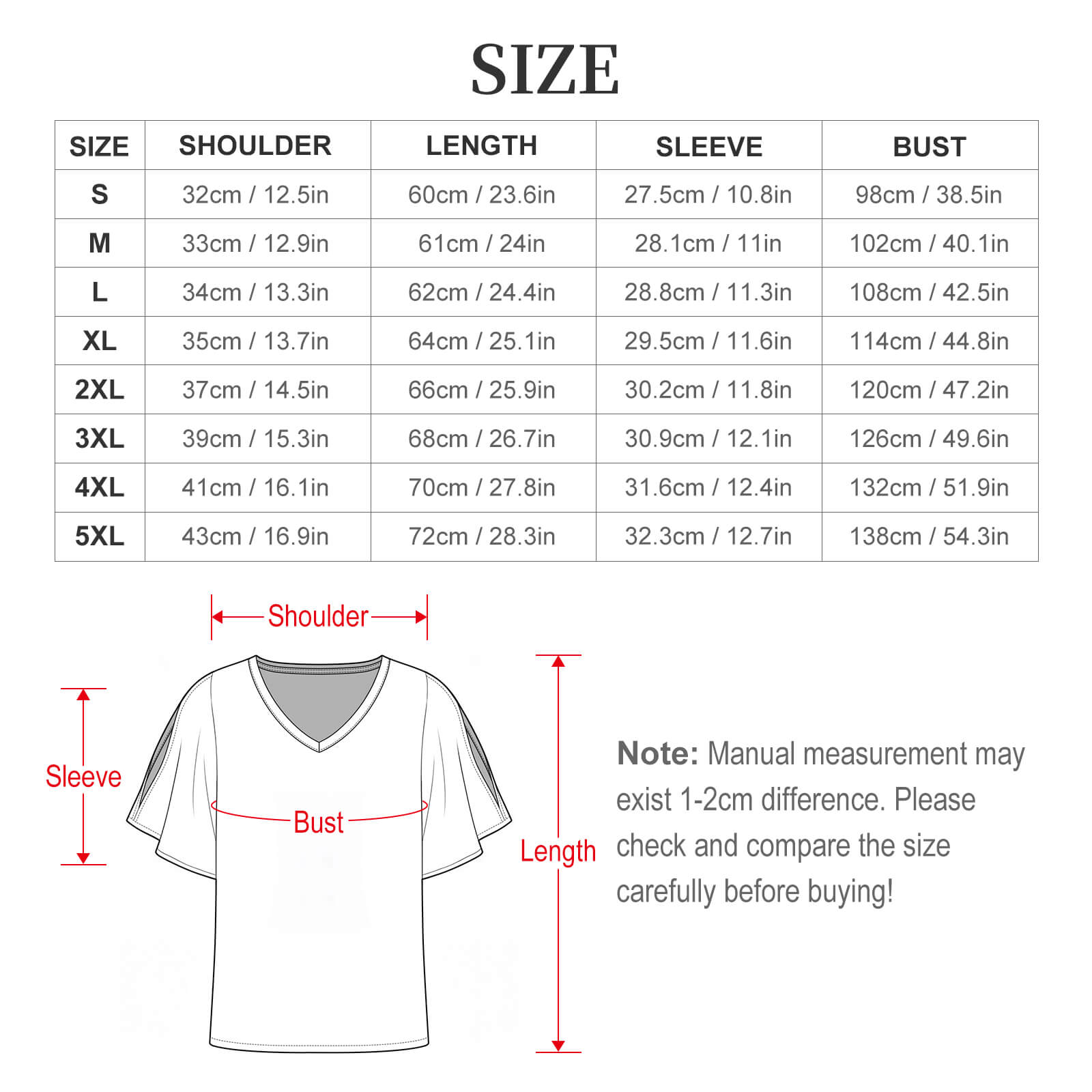 Size dimensions chart for the BTS World Tour V-neck cold shoulder ruffled sleeve top from sizes S to 5XL.